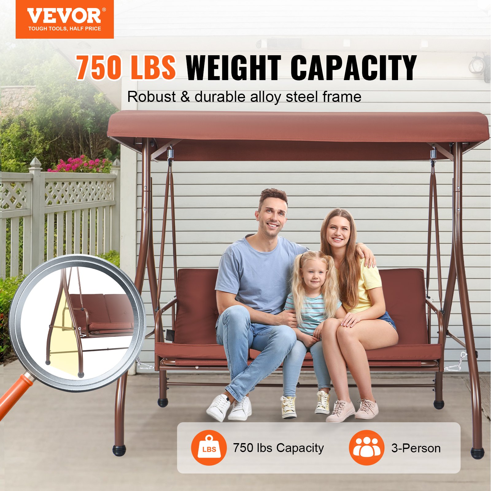 3-Seat Patio Swing Chair, Converting Canopy Swing, Outdoor Patio Porch with Adjustable Canopy, Removable Thick Cushion and Alloy Steel Frame, for Balcony, Backyard, Poolside, Brown