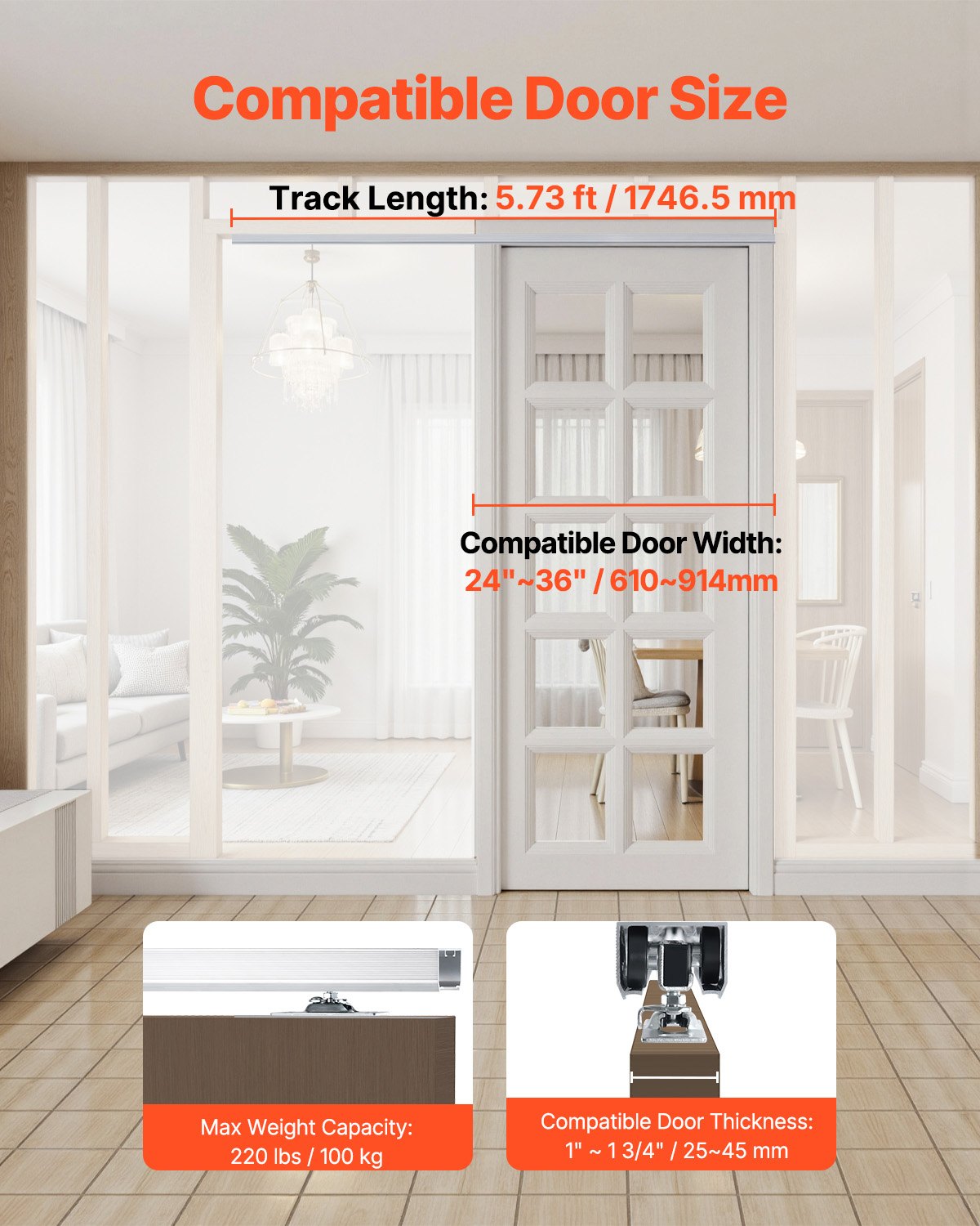 Sliding Pocket Door Hardware Track Kit, 1.75m Heavy Duty Pocket Door Hardware Kit, Commercial Grade Pocket Door Hardware and Track Set for 61-91cm Wide Single Door, Smoothly and Easy to Install