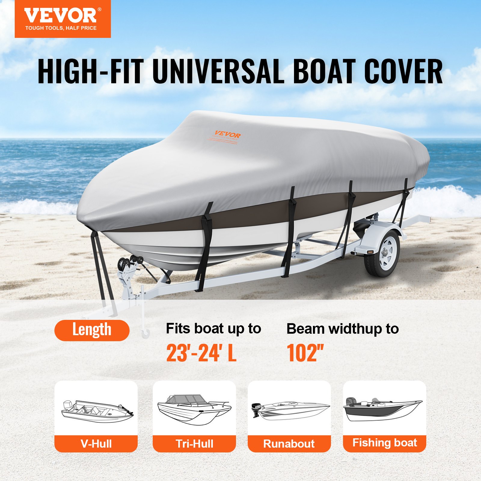 Boat Cover, 23'-24' Trailerable Waterproof Boat Cover, 600D Marine Grade PU Oxford, with Motor Cover and Buckle Straps, for V-Hull, Tri-Hull, Fish Ski Boat, Runabout, Bass Boat, Grey