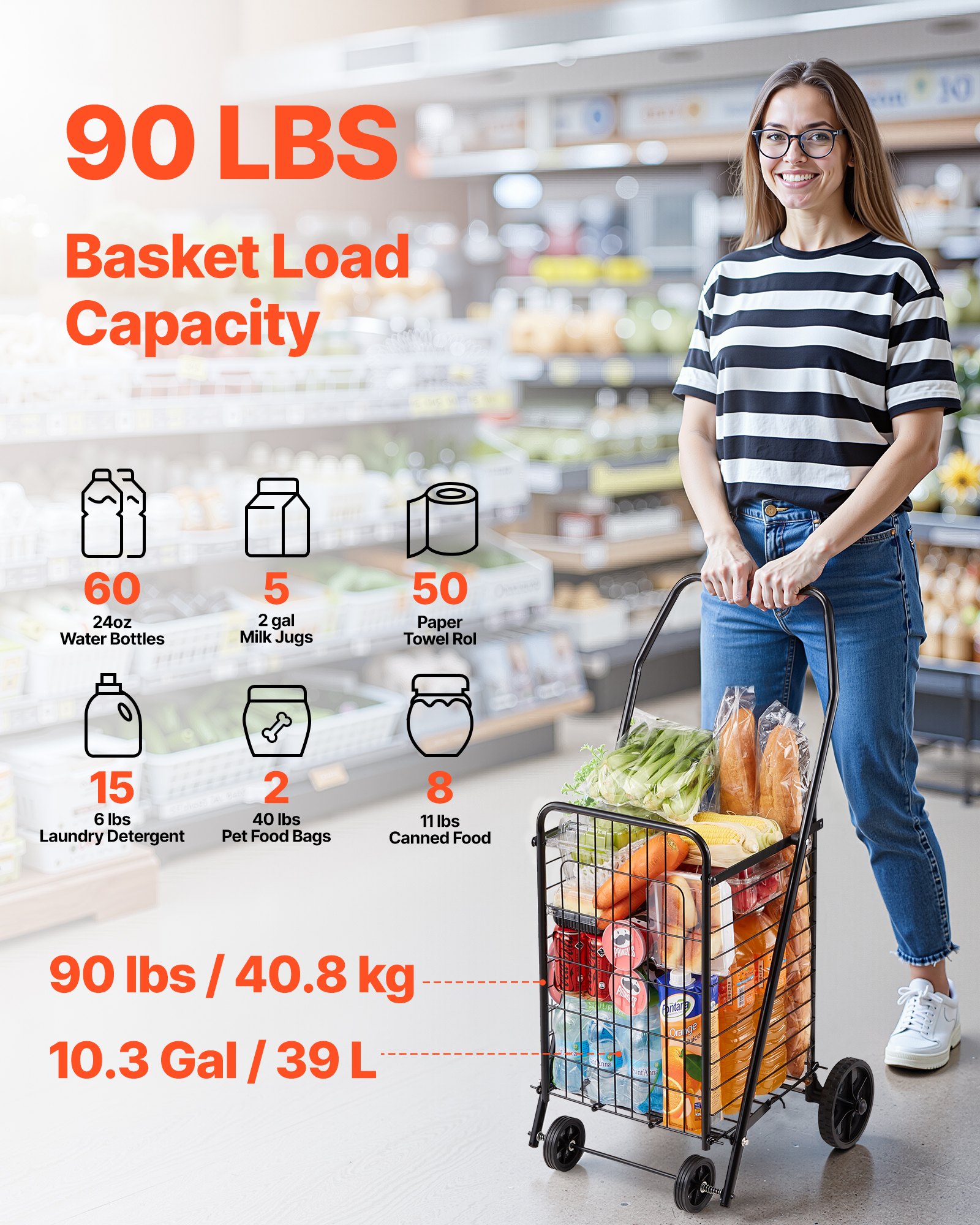 Shopping Cart, Folding Grocery Utility Cart with Swivel Wheels, 40.8 kg Large Load Capacity, Heavy Duty Rolling Laundry Basket Butler for Laundry, Shopping, Camping, Grocery, Luggage, Black