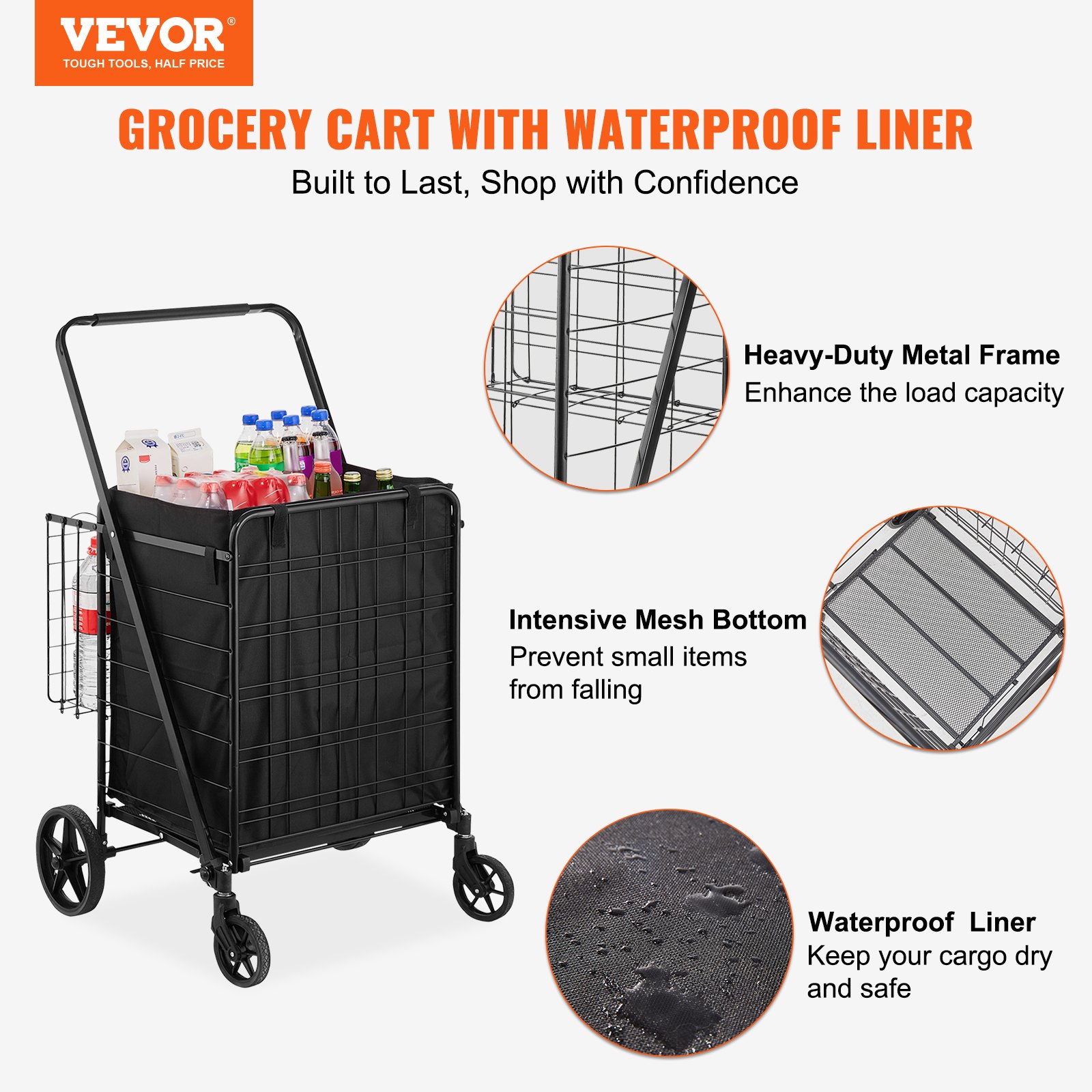 Folding Shopping Cart with Removable Waterproof Liner, 210LBS Large Capacity Jumbo Grocery Cart with Dual Basket, 360° Swivel Wheels, Dense Metal Mesh Base, Heavy Duty Utility Cart for Shopping