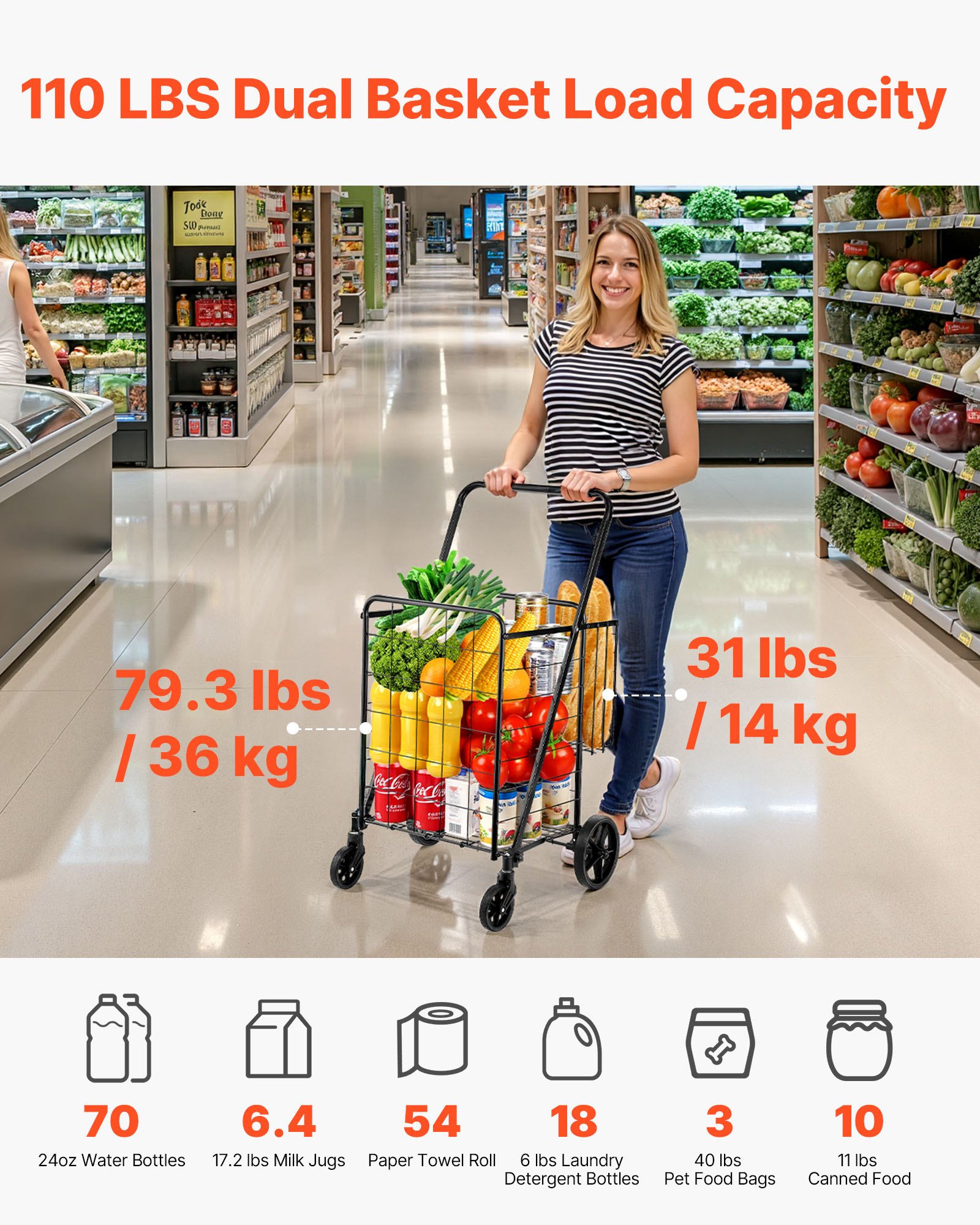 Folding Shopping Cart, Jumbo Grocery Cart with Double Baskets, 360° Swivel Wheels, Heavy Duty Utility Cart, 50 kg Large Capacity Utility Cart for Laundry, Shopping, Grocery, Luggage