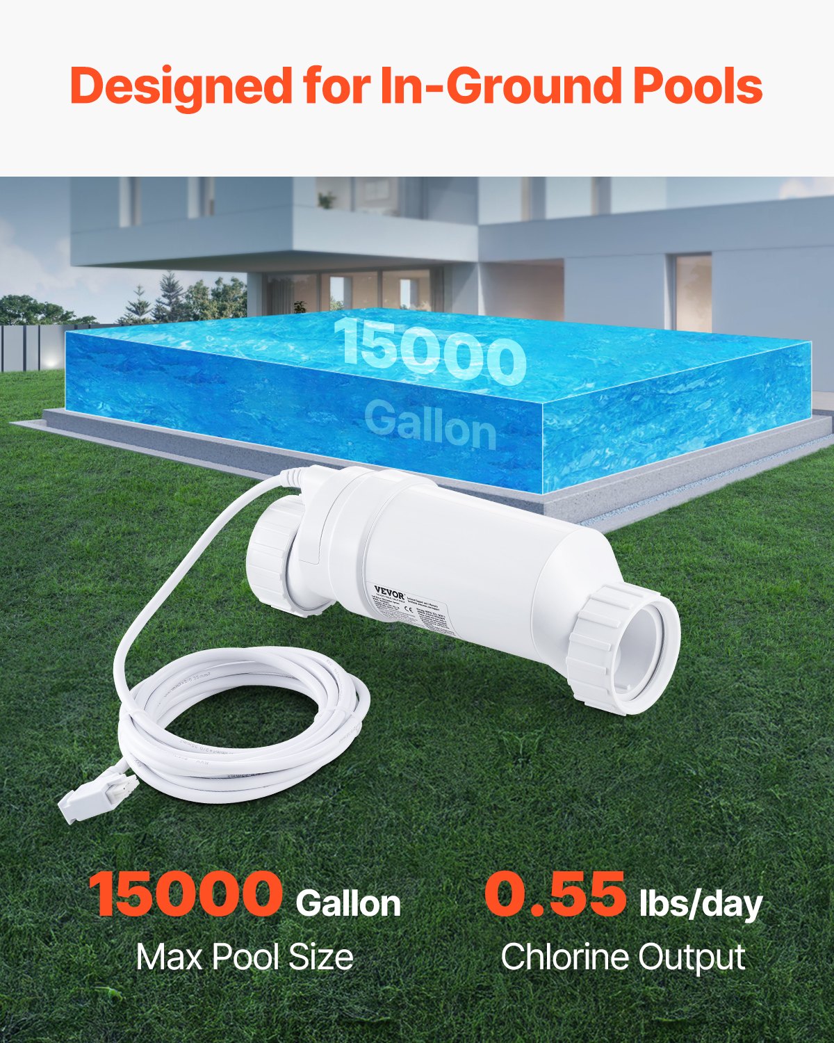 Salt Water Chlorinator System, Pool Chlorination Cell Fits for Hayward W3T-Cell-3 (T3), Pool Cell Salt Water System for In-Ground Swimming Pools up to 15,000 Gallons, 15 ft Power Line, White