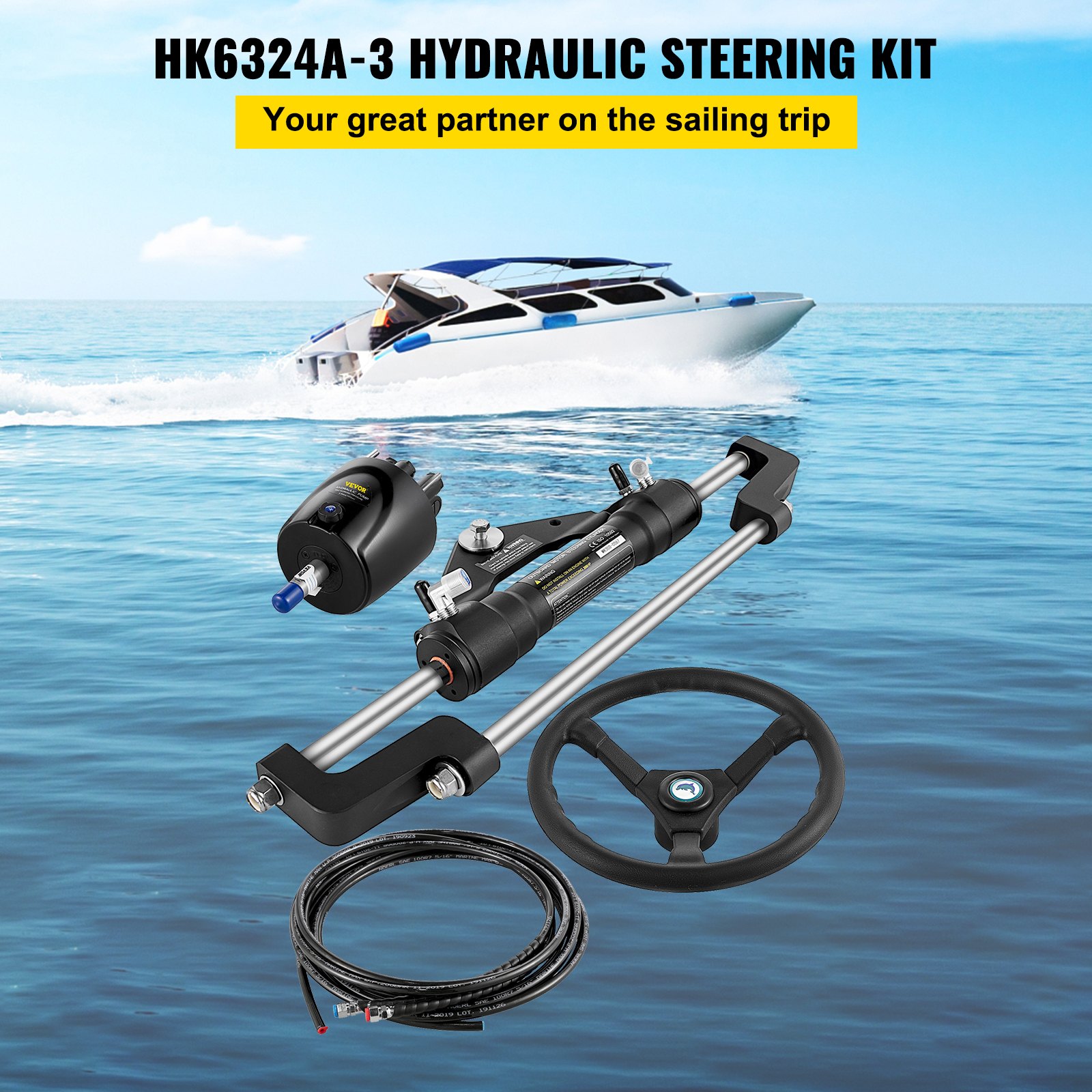 Hydraulic Boat Steering Kit, 300HP Hydraulic Steering Kit Helm Pump, Cylinder, Wheel, 24 Feet Hose Hydraulic Steering Seal Kit, Corrosion-Resistant Boat Steering System Marine Steering Kit