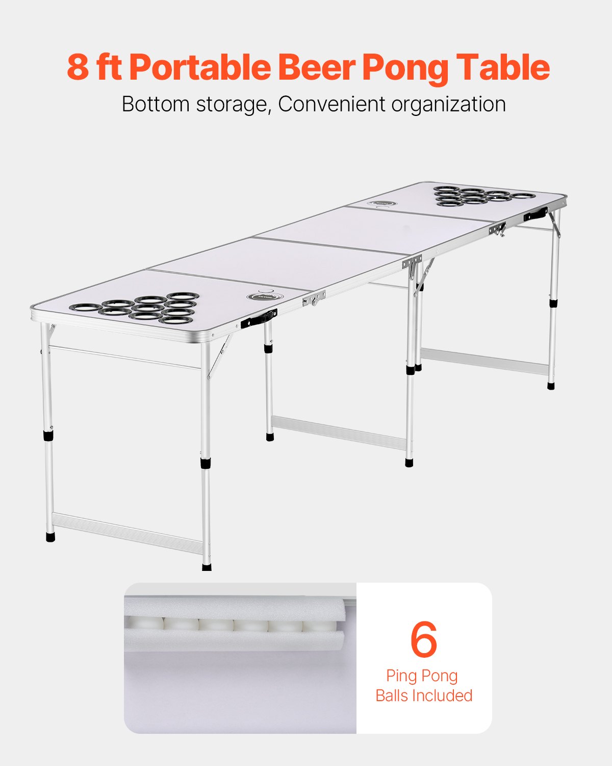 8 Foot Portable Beer Pong Table, Folding Tailgate Table, Cup Holes, Dry Erase Markers and Carrying Handles, Adjustable Height, Lightweight Table for Office, Tailgate Party & Camping, White