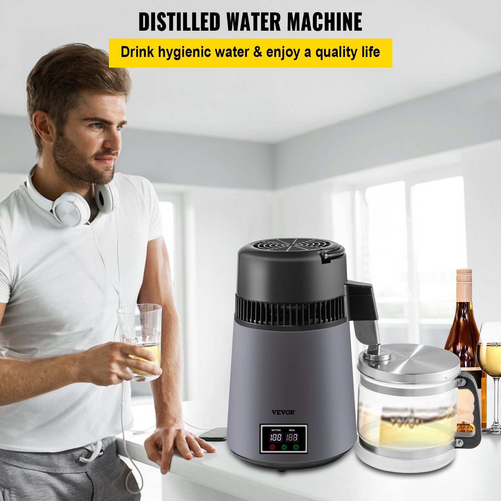Water Distiller 4 L Distilled Water Maker, Distilled Water Machine 0.88 Gal Pure Water Distiller with Dual Temperature Display 750W Water Distillers for Home Countertop with Glass Container Grey