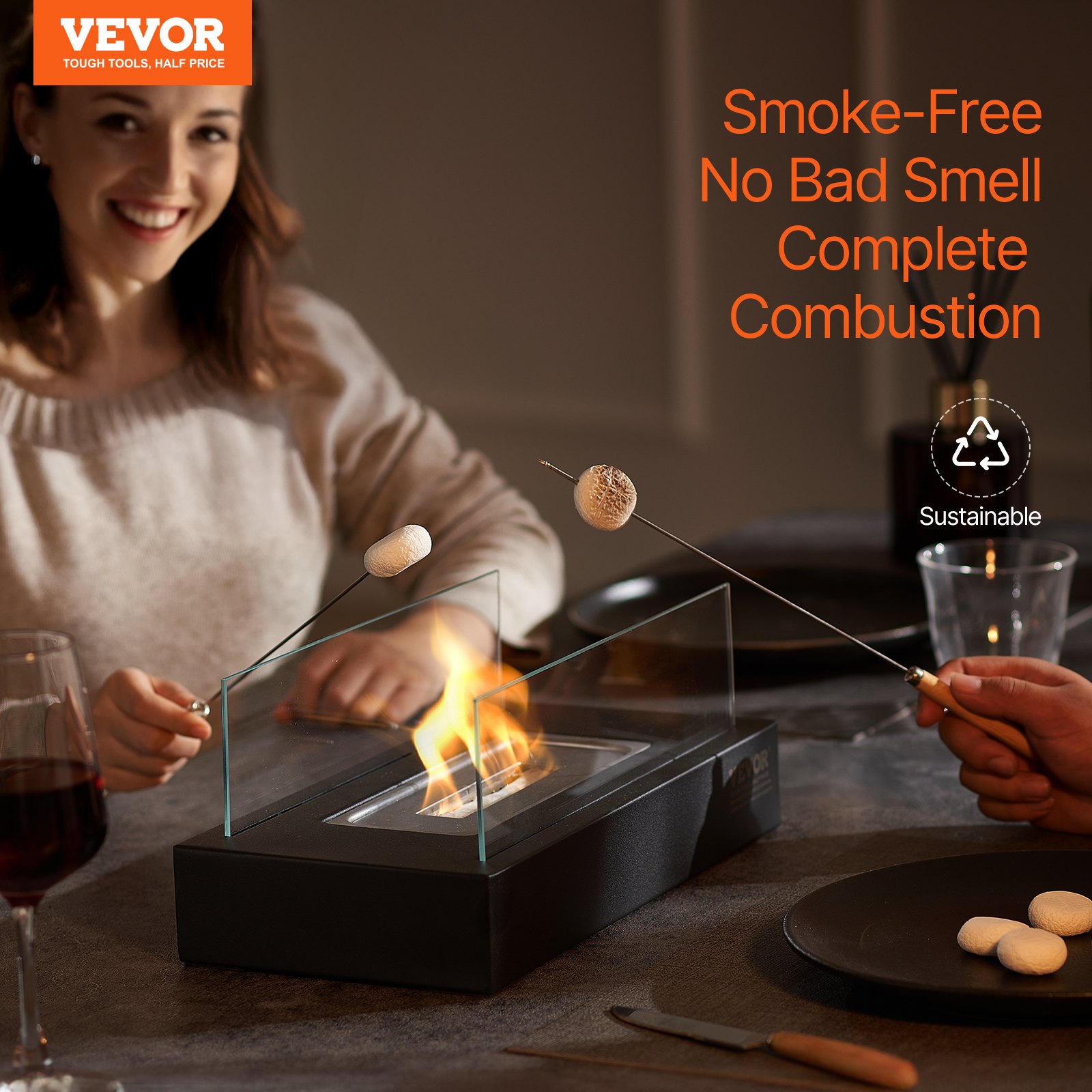 Tabletop Fire Pit, 14inch Metal Tabletop Fireplace Indoor Outdoor Decor, Portable Rubbing Alcohol Burner Smores Maker with Glass, for Patio Balcony with Extinguisher,Square 3.2lbs