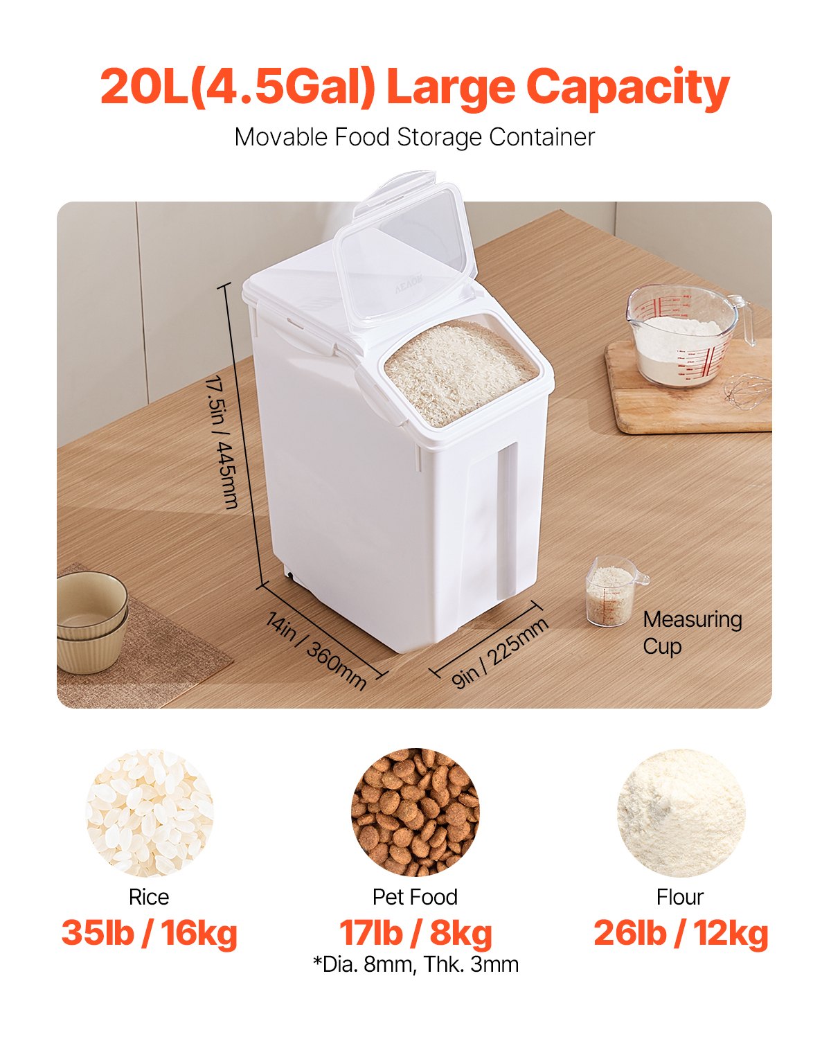 Rice Storage Container, 4.5Gallon/20L Capacity Large Dog Food Dispenser Bin, Kitchen Ingredient Grain Cereal Flour Bin, Pet food Containers with Wheels, Measuring Cup, Airtight Lid, 1 Pack