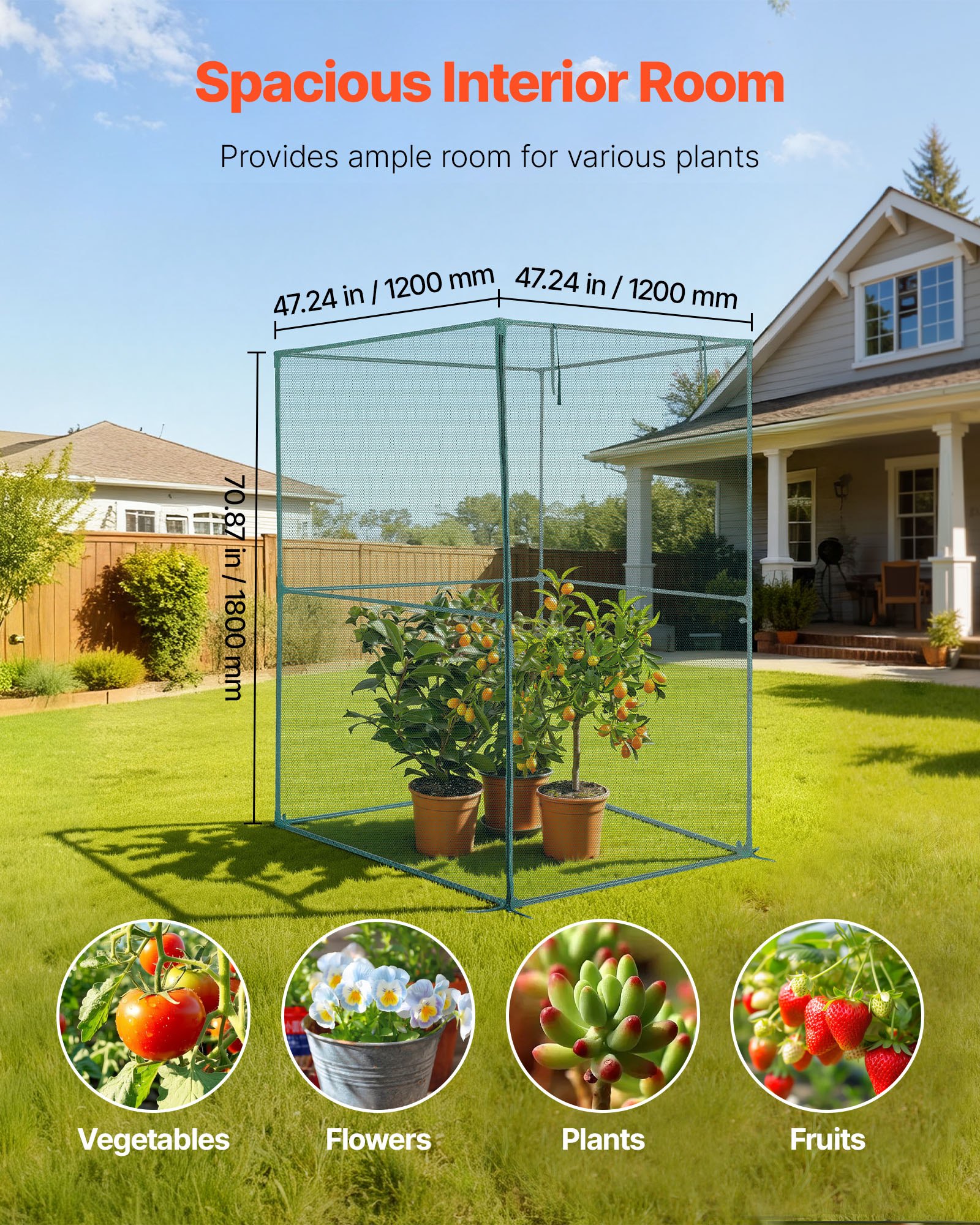 Crop Cage, 1.2 x 1.2 x 1.8 m Plant Protection Tent with Zippered Door, Wind-Resistant Tall Crop Cage, Easy to Install, Outdoor Raised Bed Cover, Tomato Plant Netting for Garden Patio Lawn
