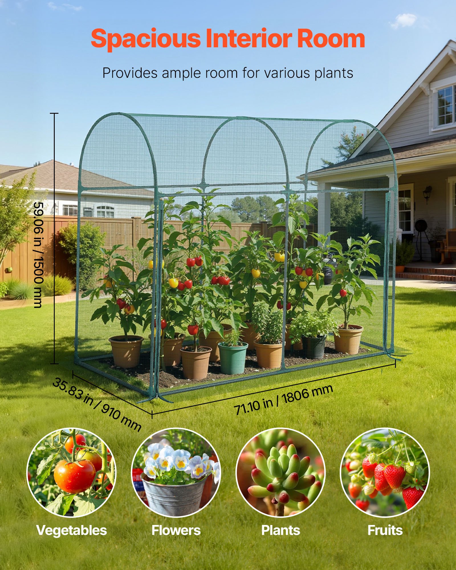 Crop Cage, 1.8 x 0.91 x 1.5 m Plant Protection Tent with Zippered Door, Wind-Resistant Tall Crop Cage, Easy to Install, Outdoor Raised Bed Cover with Frame, Plant Netting for Garden Patio Lawn