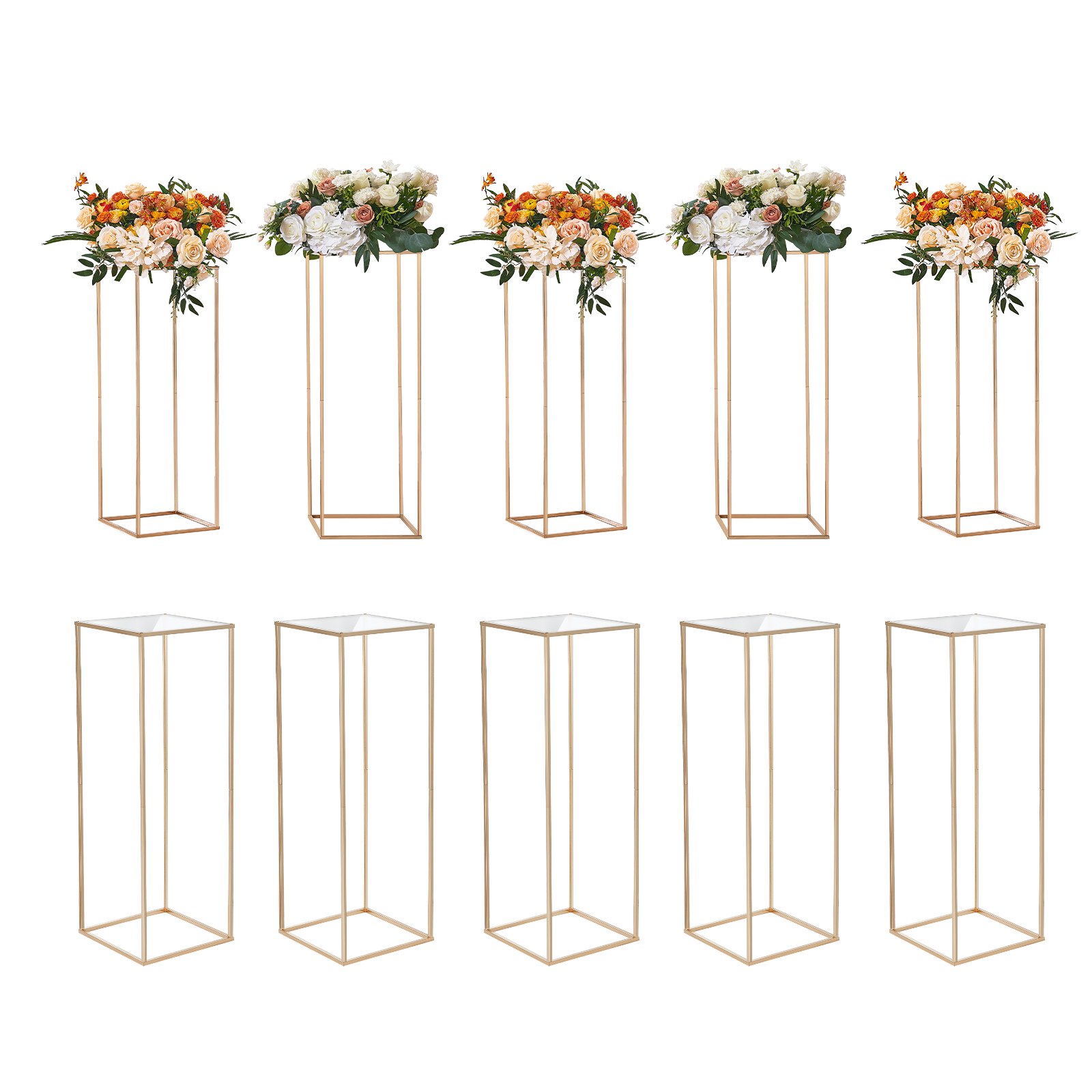 10PCS 31.5inch/80cm High Wedding Flower Stand, With Acrylic Laminate,Metal Vase Column Geometric Centerpiece Stands, Gold Rectangular Floral Display Rack for Events Reception, Party Decoration