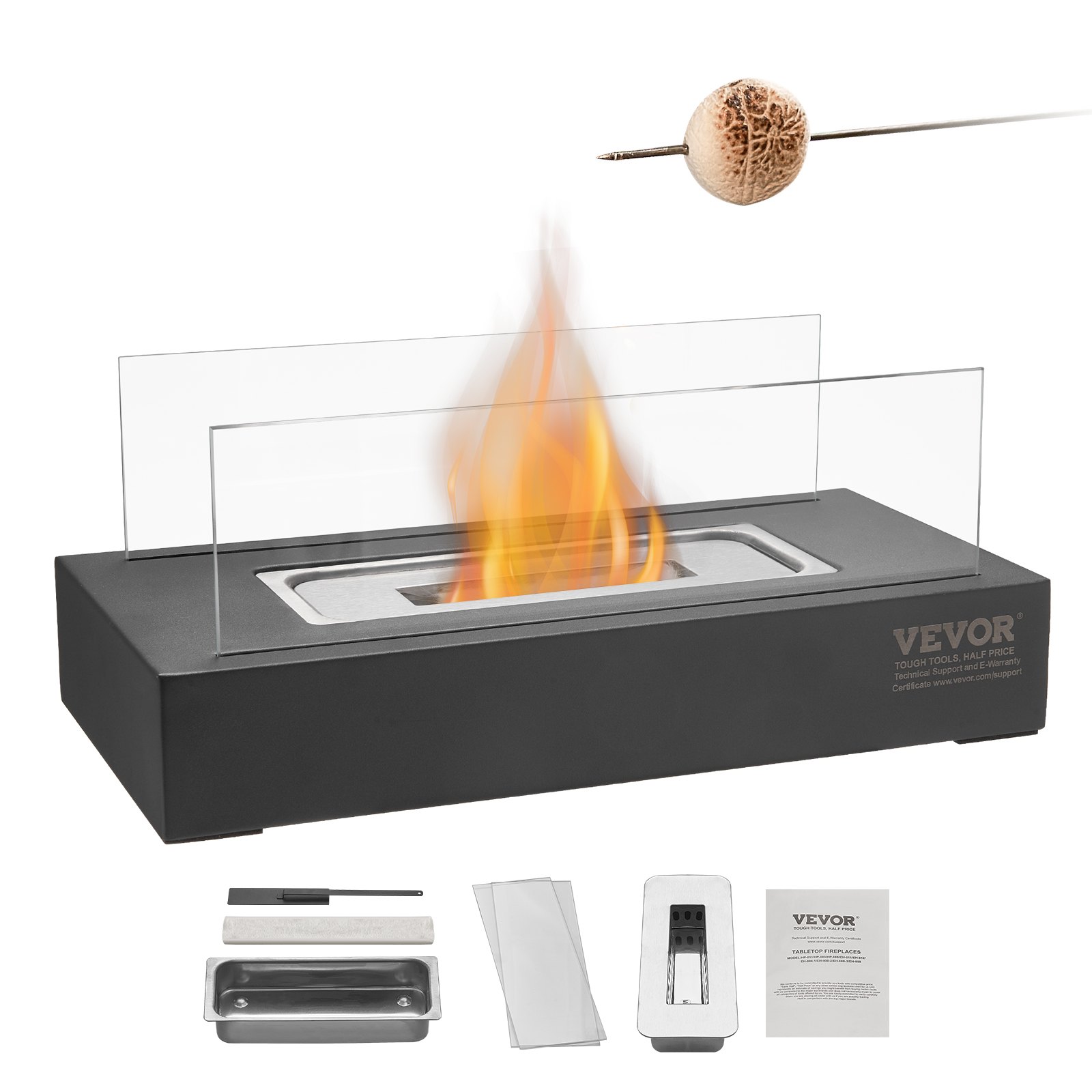 Tabletop Fire Pit, 14inch Metal Tabletop Fireplace Indoor Outdoor Decor, Portable Rubbing Alcohol Burner Smores Maker with Glass, for Patio Balcony with Extinguisher,Square 3.2lbs