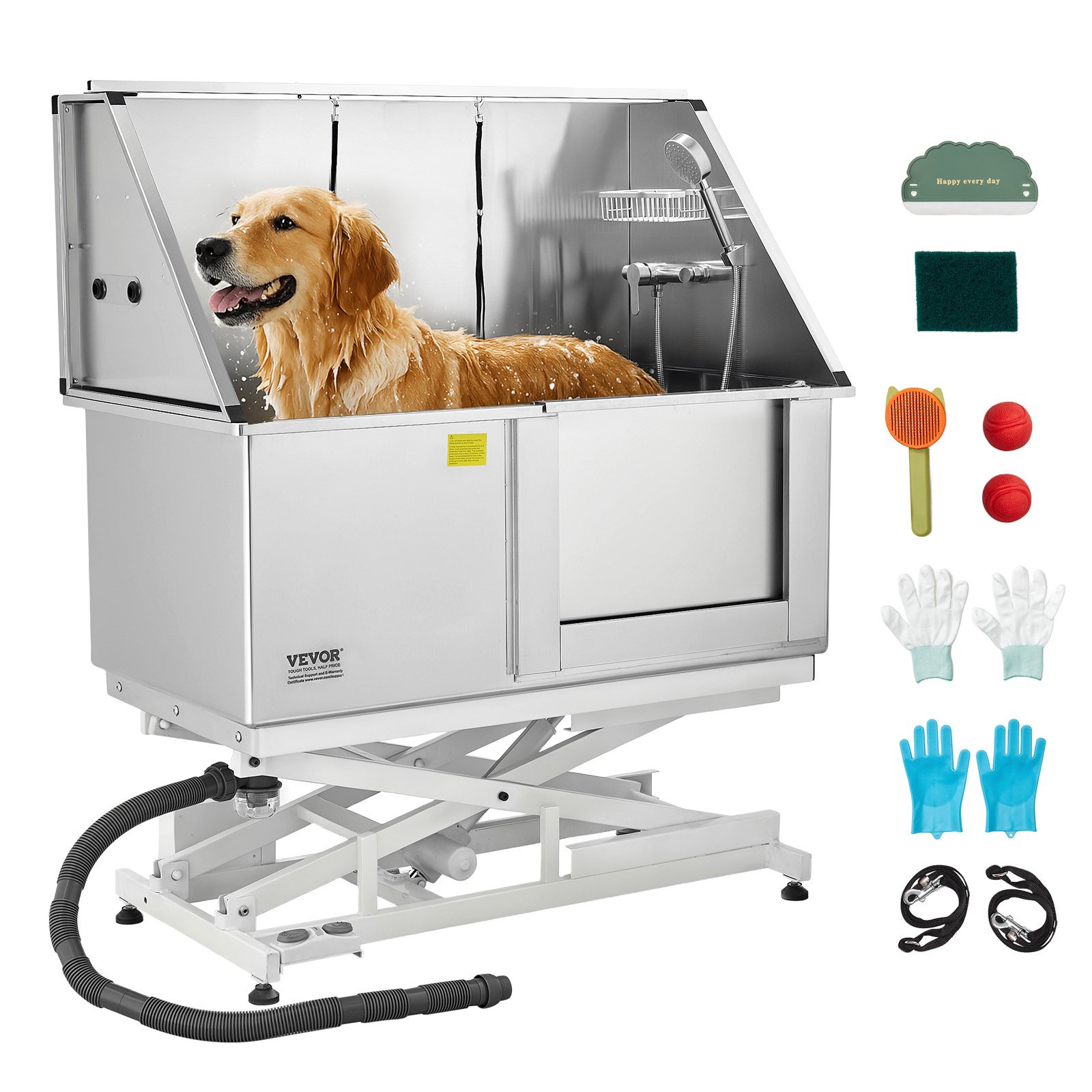 Electric Lift Dog Washing Station, 127 cm Professional Stainless Steel Pet Grooming Tub w/ PE Water Filter Board, Faucet & Showerhead Dog Bathtub Washing Sink for Multiple Pets (Right Door)