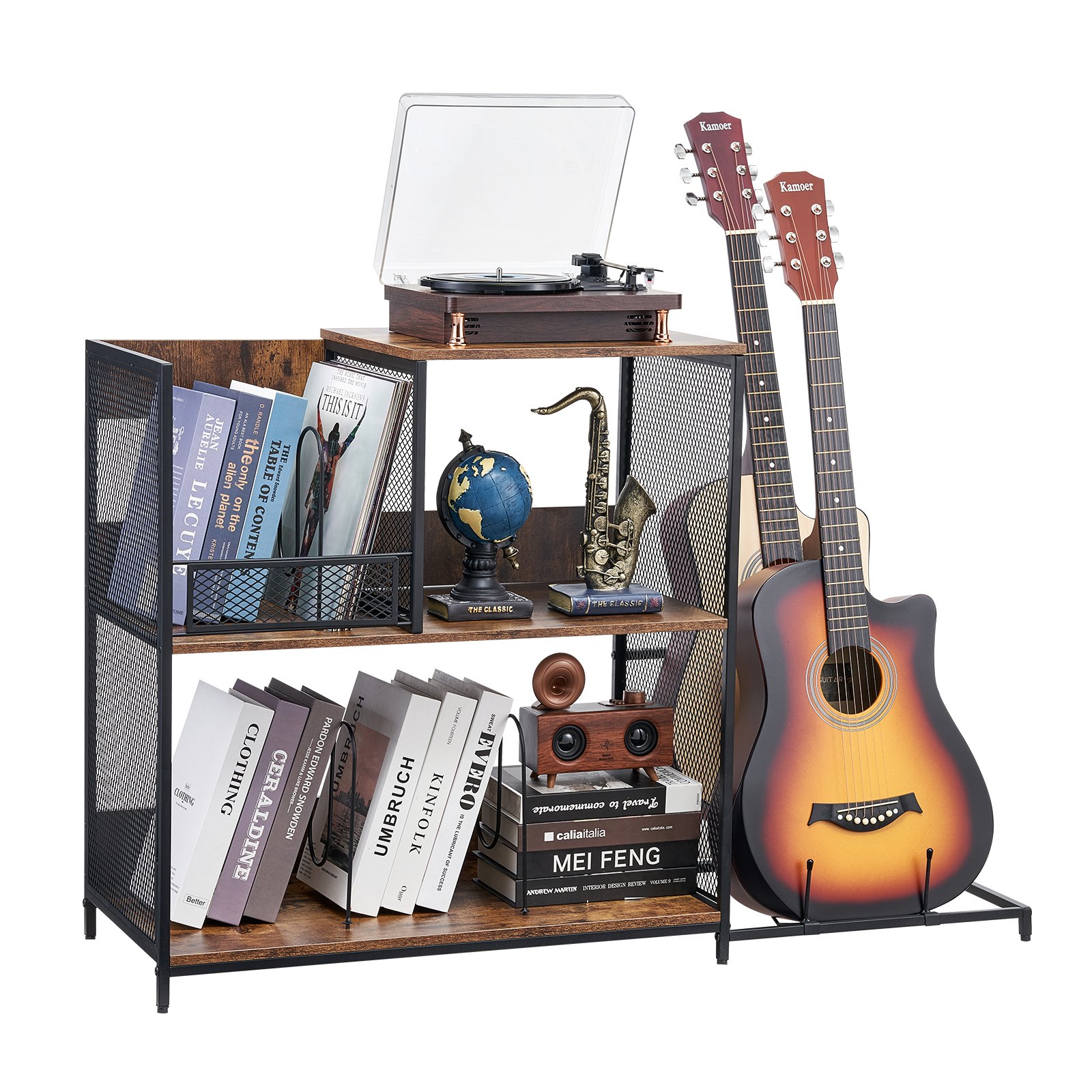 3-Tier Record Player Stand with Guitar Holder, Turntable Stand with Storage Holds Up to 300 Albums, Vinyl Record Cabinet with Metal Mesh Frame for Living Room, Bedroom, Black