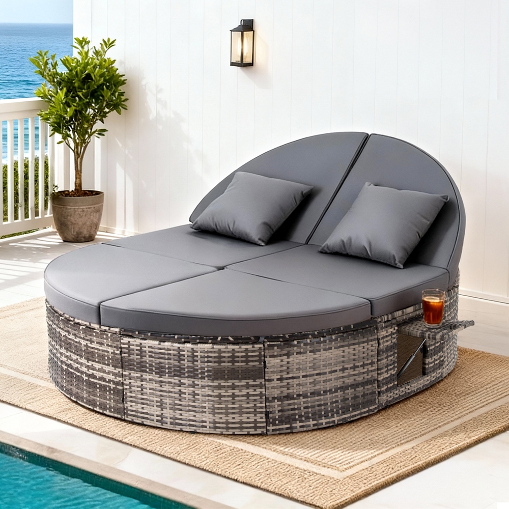 Gardeon Outdoor Day Bed Sun Lounge Setting Wicker Lounger Patio Furniture w/ Retractable Side Tray