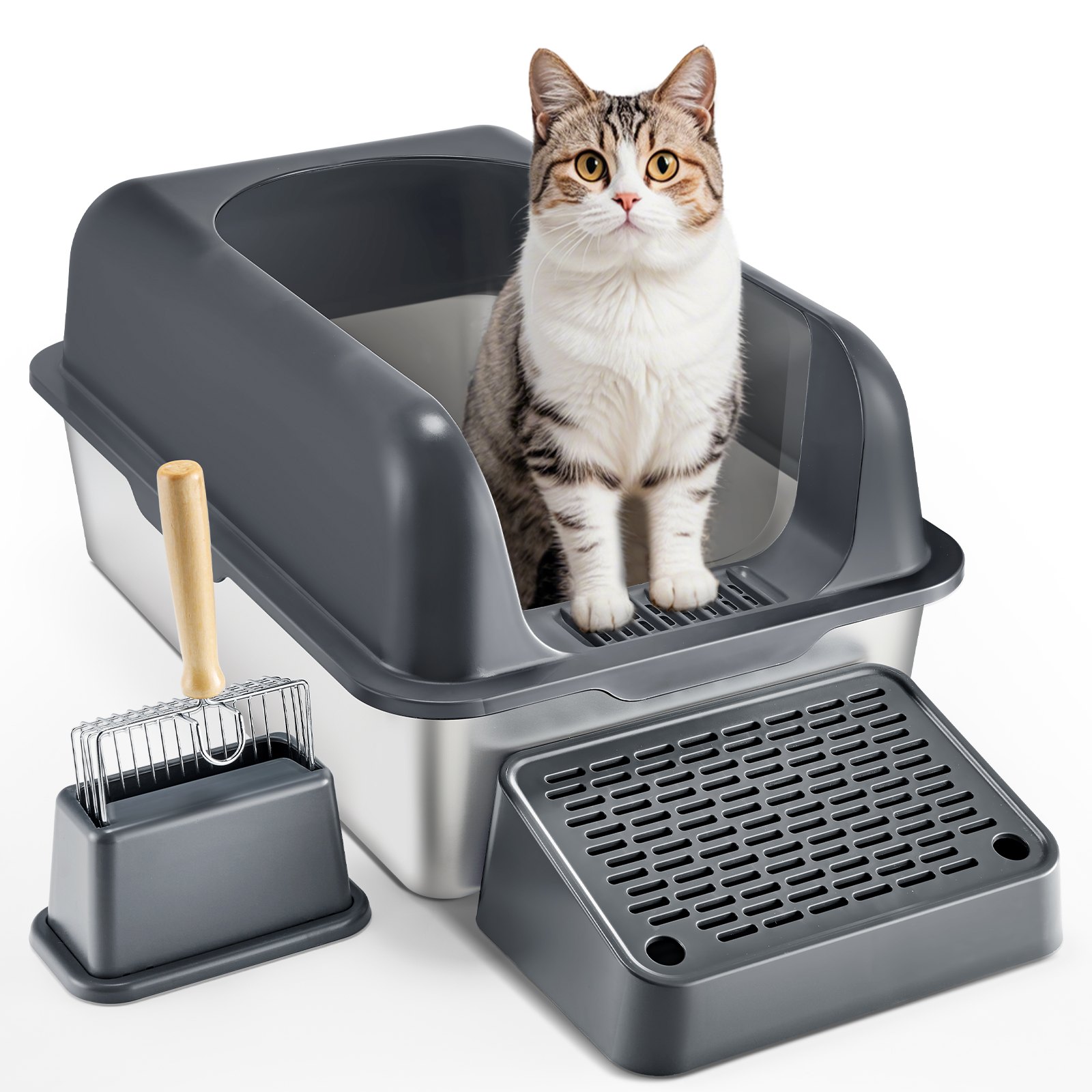 Cat Litter Box, 152 mm Deep, XL Extra Large Stainless Steel Cat Litter Box with Scoop, Wide Filtering Foot Board & High Sides, Enclosed Odor-Free Easy-to-Clean Litter Box, Fit for Big Cats