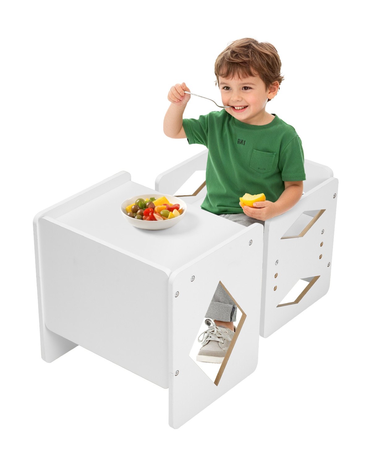 Montessori Weaning Table and Chair Set, Wooden Toddler Table and Chair Set for Aged 1-5, Adjustable Height Kids Montessori Chair and Activity Table, Ideal for Reading, Eating, Playing - White