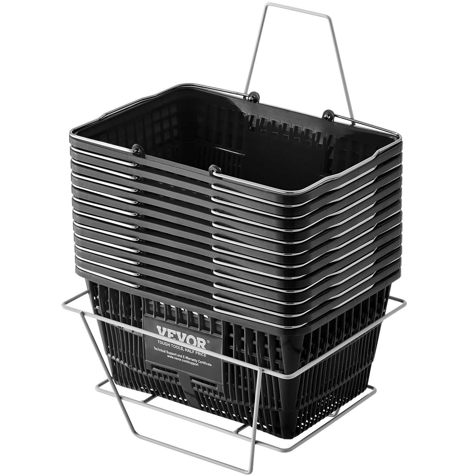 Shopping Basket, Set of 12, 21L Durable Plastic Grocery Basket with Metal Handle and Stand, 425 x 305 x 218 mm Portable Shop Basket Used for Retail Store Supermarket Grocery Shopping, Black
