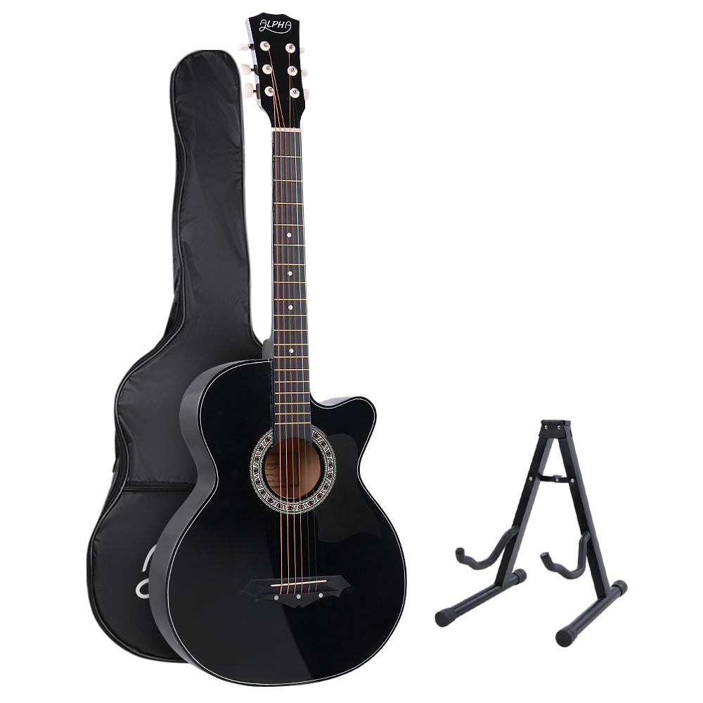 Alpha 38 Inch Acoustic Guitar Wooden Body Steel String Full Size w/ Stand