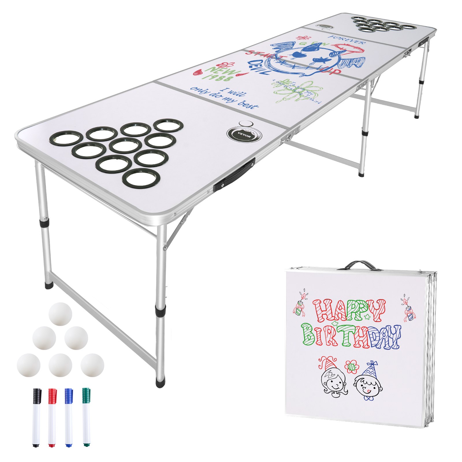 8 Foot Portable Beer Pong Table, Folding Tailgate Table, Cup Holes, Dry Erase Markers and Carrying Handles, Adjustable Height, Lightweight Table for Office, Tailgate Party & Camping, White