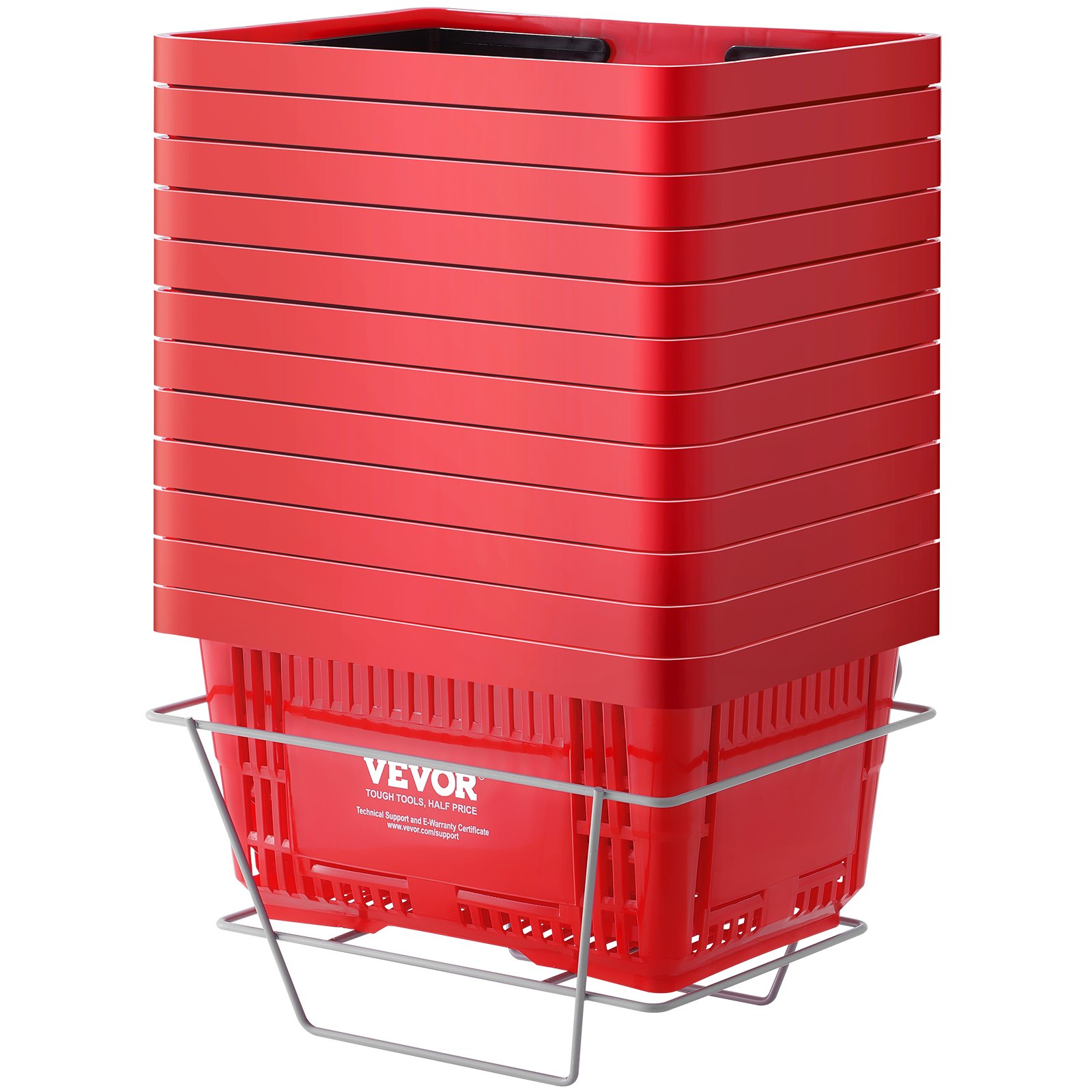 Shopping Basket, Set of 12, 24L Durable Plastic Grocery Basket with Handle and Stand, 425 x 295 x 225 mm Portable Shop Basket Bulk Used for Retail Store, Supermarket, and Grocery Shopping, Red