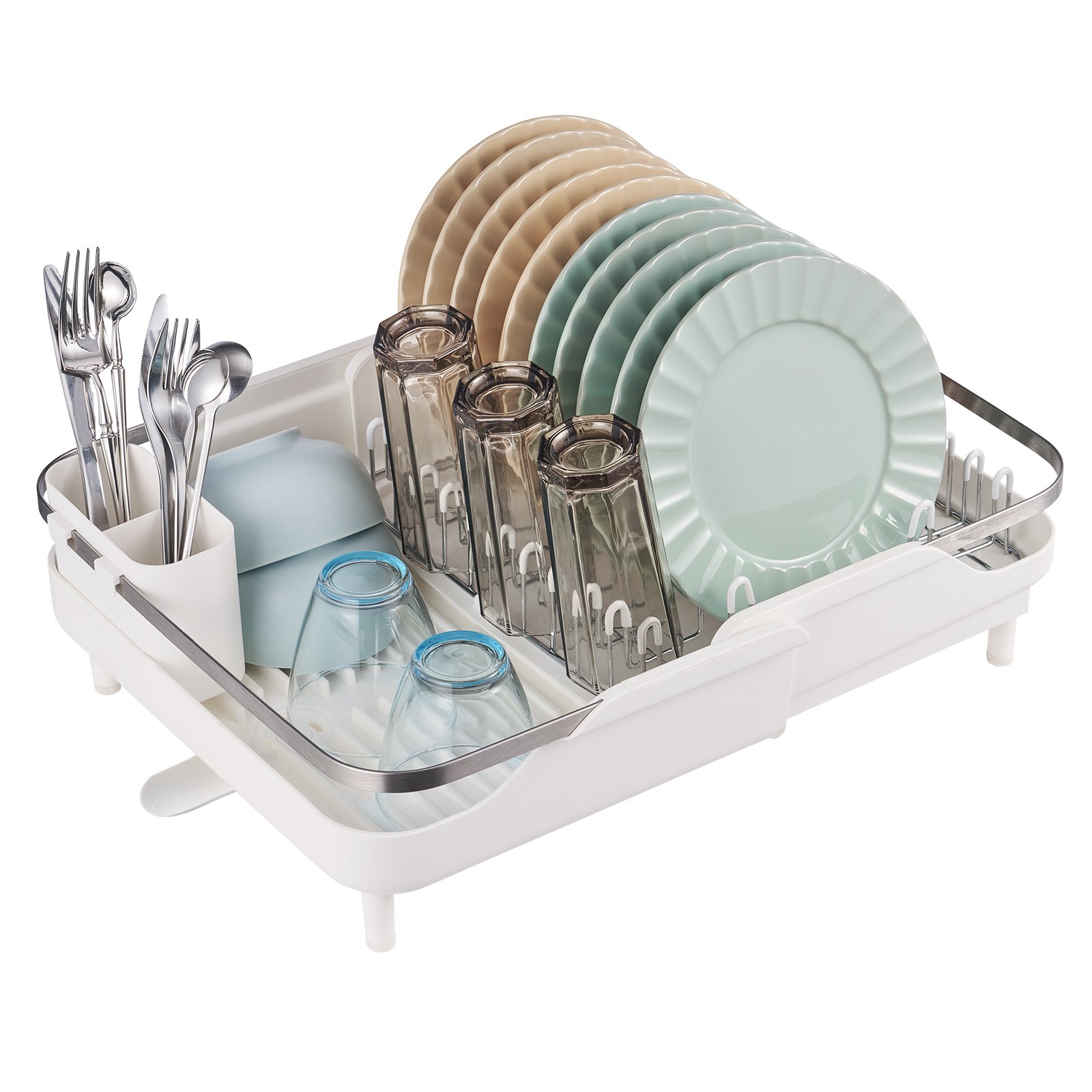 Dish Drying Rack, Large Capacity Dish Drainers, Stainless Steel Dish Drainer with Drainboard, Expandable Storage Space Saver, Single Tier Cup and Utensil Holder for Kitchen Counter Over The Sink