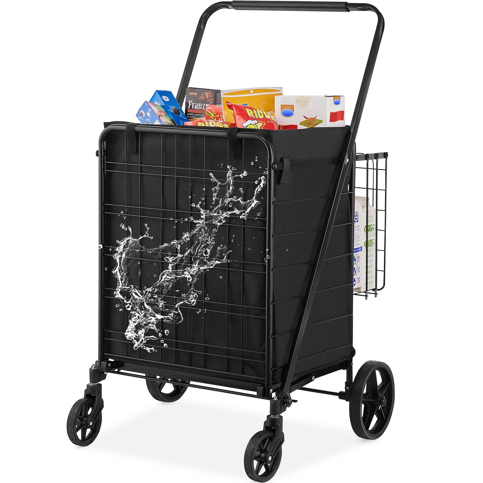 Folding Shopping Cart with Removable Waterproof Liner, 210LBS Large Capacity Jumbo Grocery Cart with Dual Basket, 360° Swivel Wheels, Dense Metal Mesh Base, Heavy Duty Utility Cart for Shopping