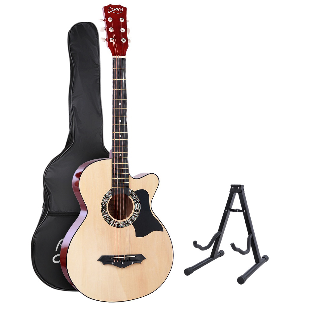 Alpha 38 Inch Acoustic Guitar Wooden Body Steel String Full Size w/ Stand