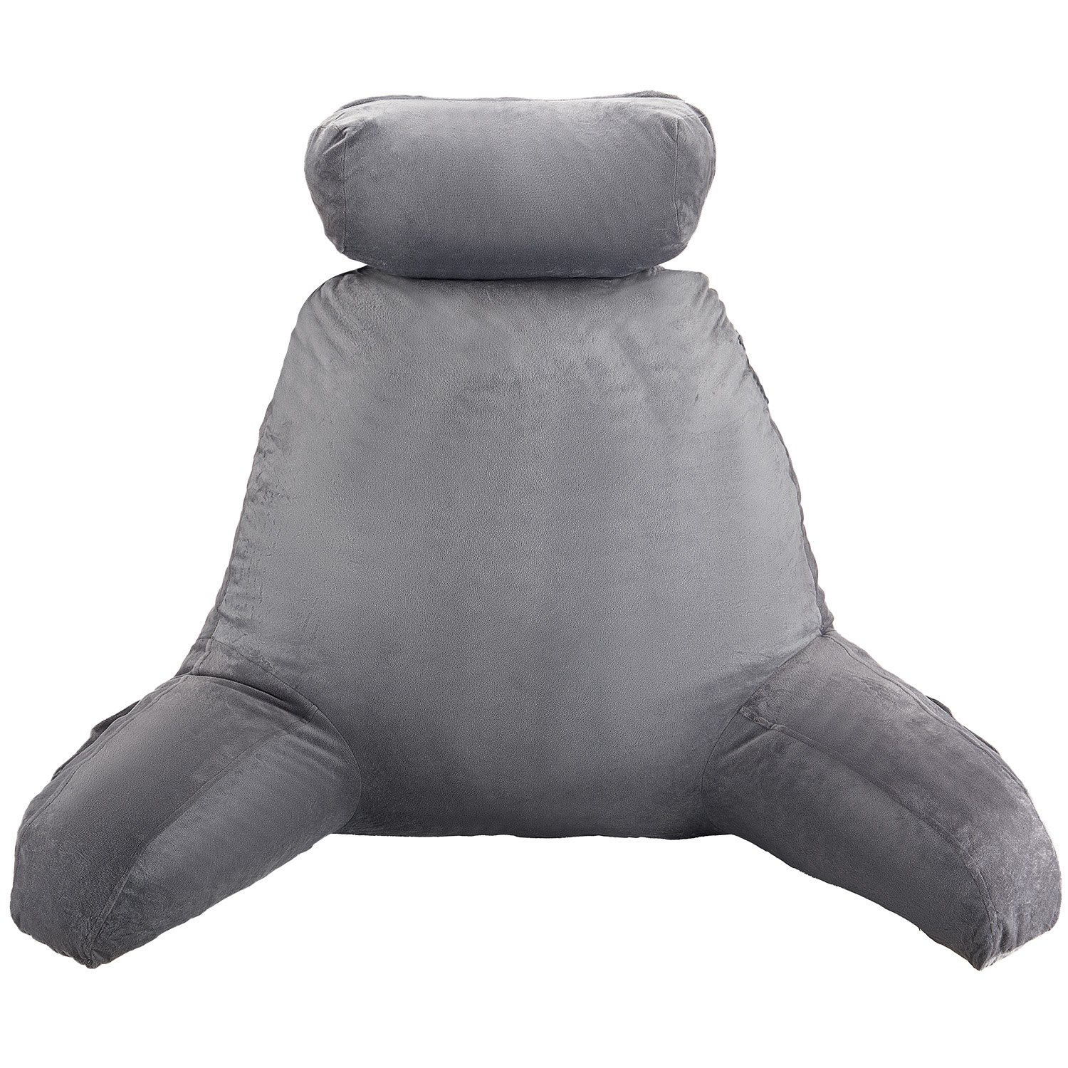 Reading Pillow, Large Bed Pillow with Removable Headrest, Back Pillow with 3 Pockets, Shredded Memory Foam and Washable Short Velvet Cloth, Side with Handles for Reading, Gaming, Resting, Grey