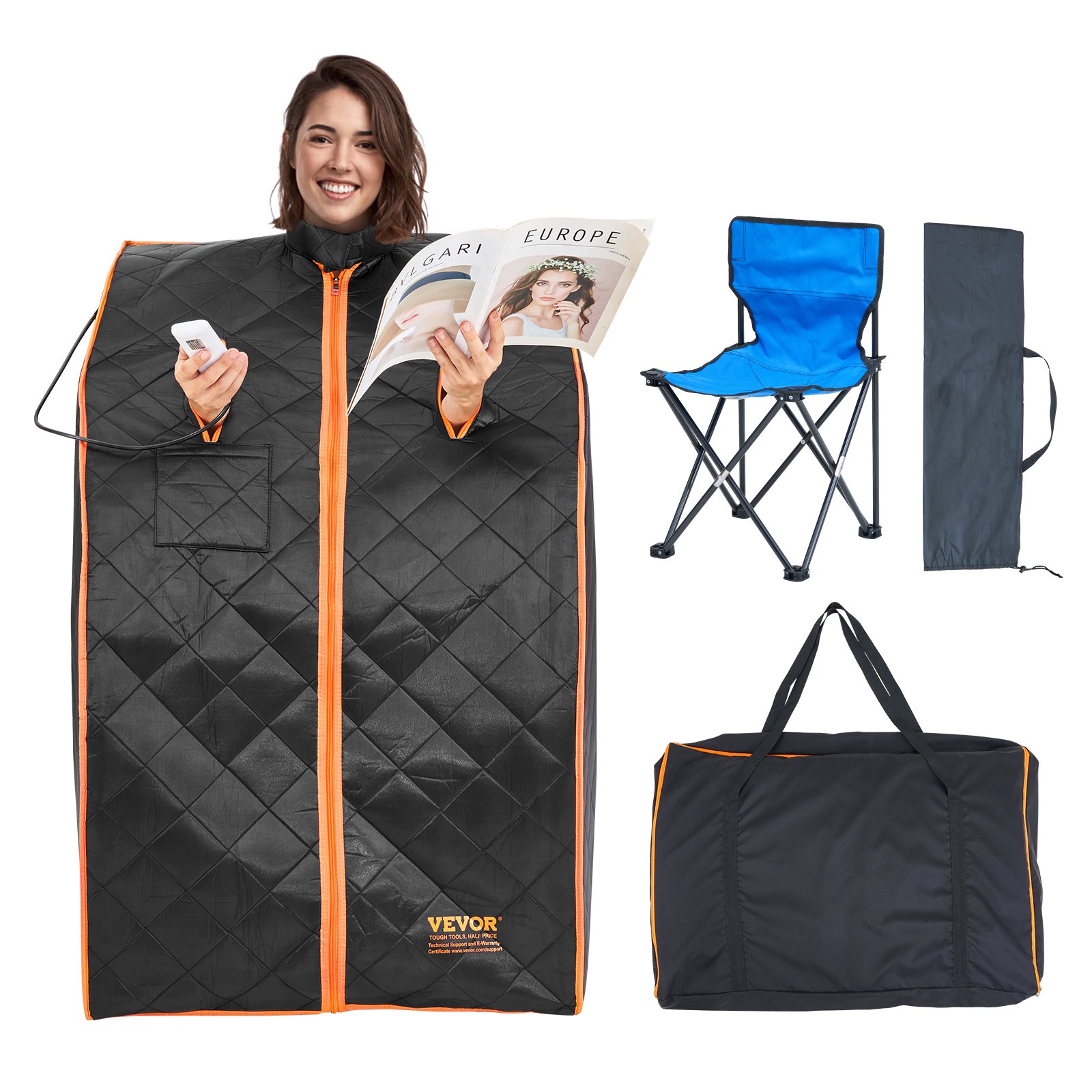 Portable Sauna Tent, 1050W Personal Sauna Kit for Home Spa, Detoxify & Soothing Infrared Heated Body Therapy, Time & Temperature Remote Control with Chair & Floor Mat & Storage Bag, Black
