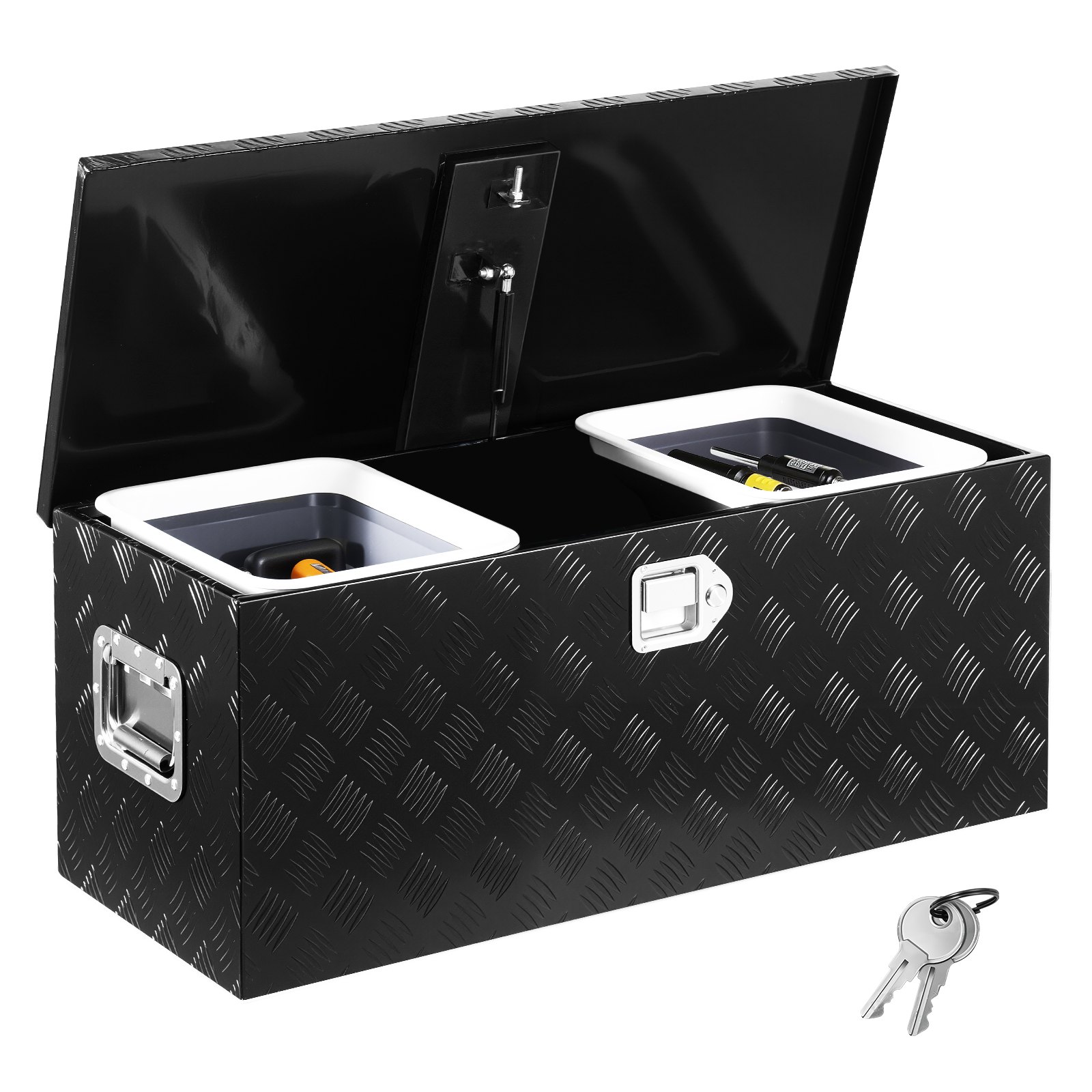 Heavy Duty Aluminum Truck Bed Tool Box, Stripes Plated Tool Box with Sliding Shelf, Side Handle, Lock & Keys, Storage Toolbox Chest for Trailer, Pickup, 35.4"x14.6"x14.6"(899x370x370mm), Black