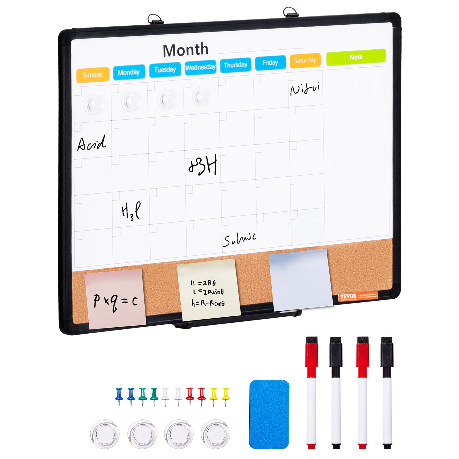24"x 18" Monthly Calendar Whiteboard & Cork Board Combo with Aluminum Frame – 2-in-1 Magnetic Dry Erase Bulletin Board for Wall Mount – Ideal for School, Home, Office