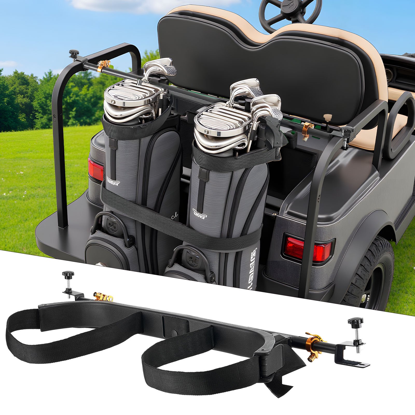 Golf Cart Bag Holder, 1370 x 195 x 60.5 mm, Compatible with Most 2+2 Golf Cart Rear Seat with 1.2-Inch Square Tubes, Adjustable Rear Seat Carts Club Holder with Strap, No Drilling Required