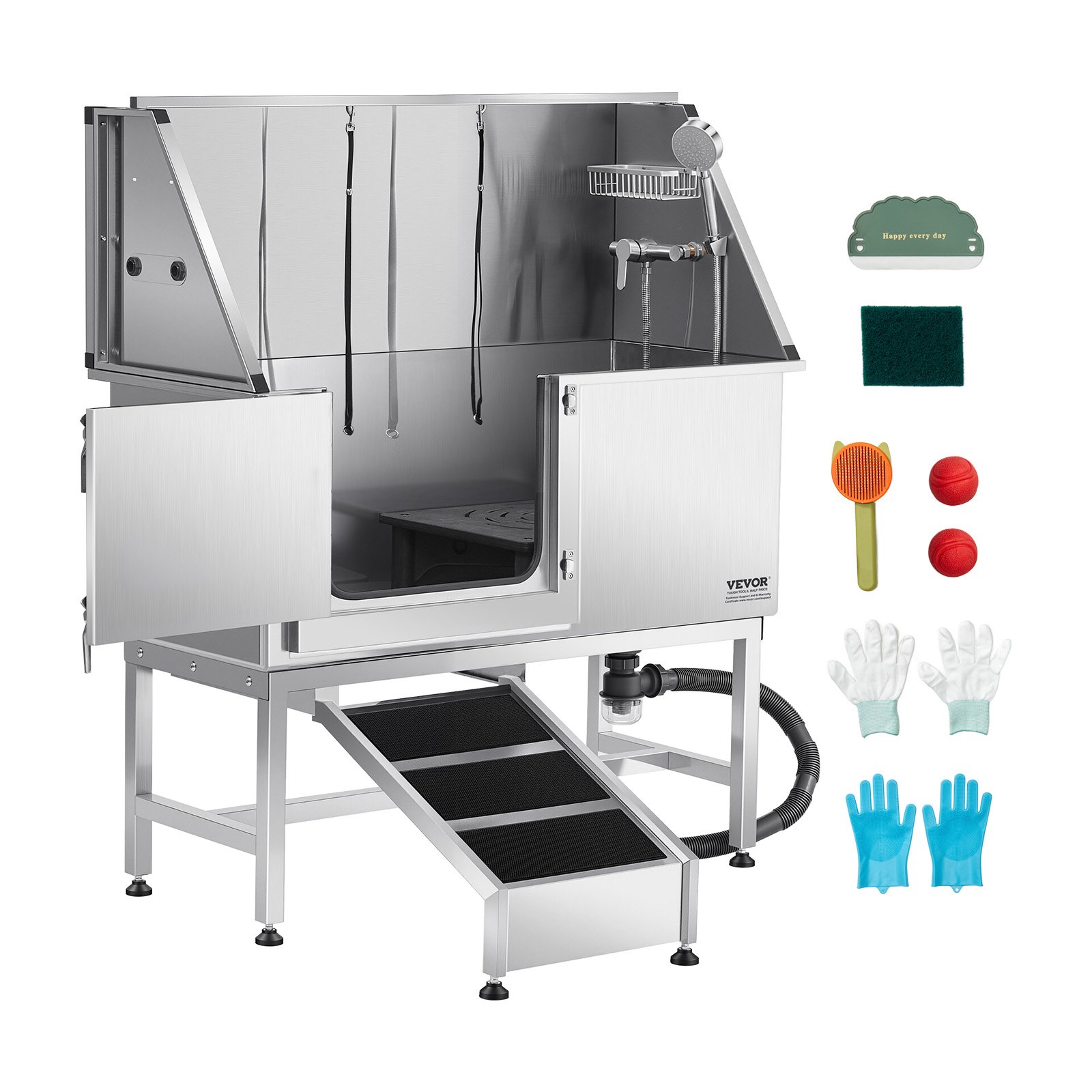 Stainless Steel Dog Washing Station, 127 cm Pet Grooming Tub w/ Ramp, PE Water Filter Board, Faucet & Showerhead & Soap Holder Dog Bathtub for Large & Medium & Small Pets (Left Door)