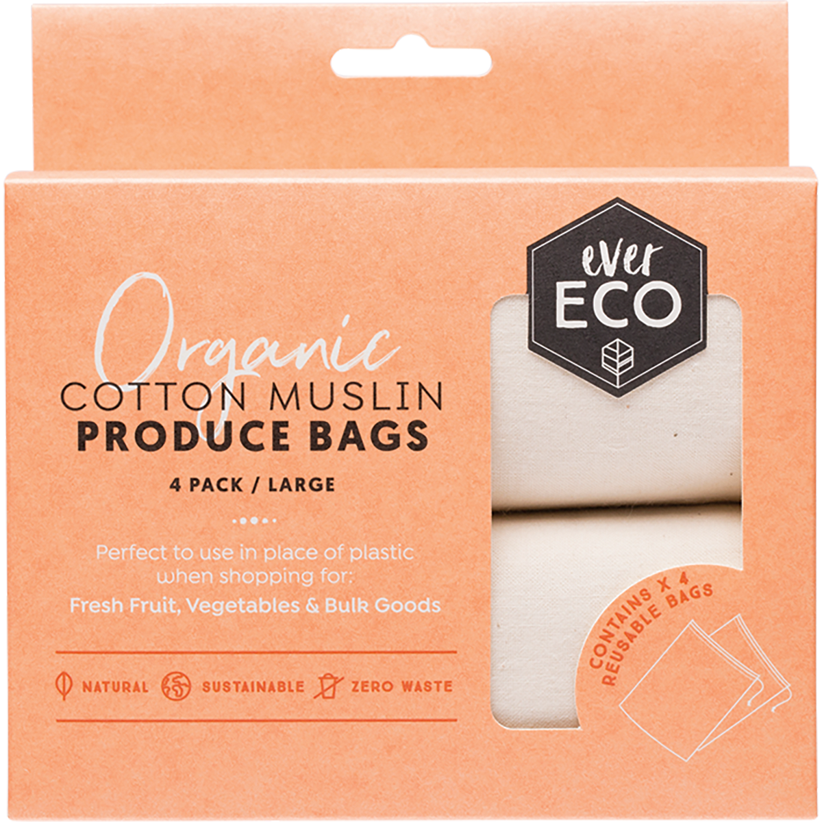 Reusable Produce Bags Organic Cotton Muslin 4pk