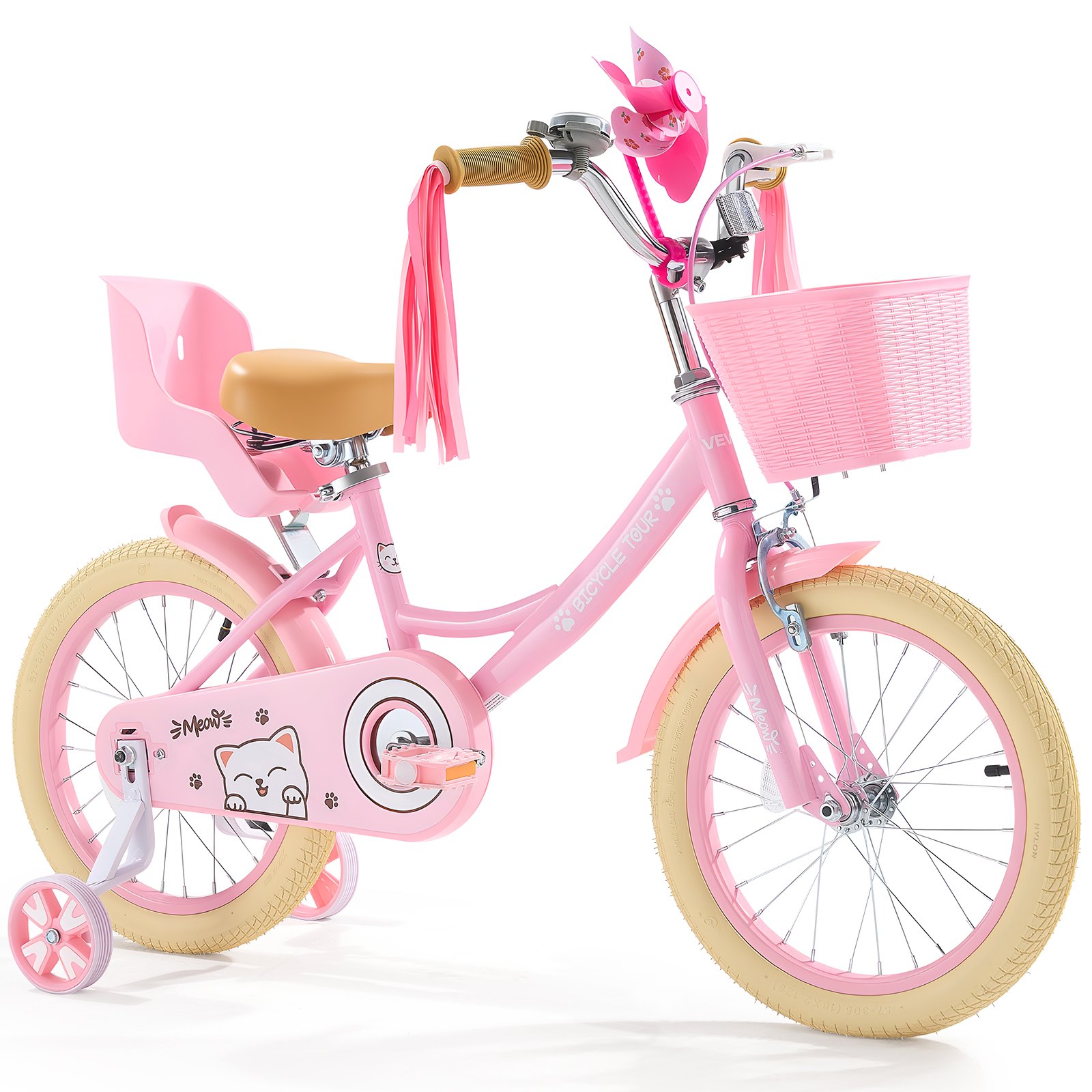 Kids Bike, 16 Inches Princess Style Children Bicycle with Streamers & Basket, Rider Height 3.28 ft - 4.27 ft, Doll Seat & Training Wheels Included, Toddler Bike for Girls Learning to Ride, Pink