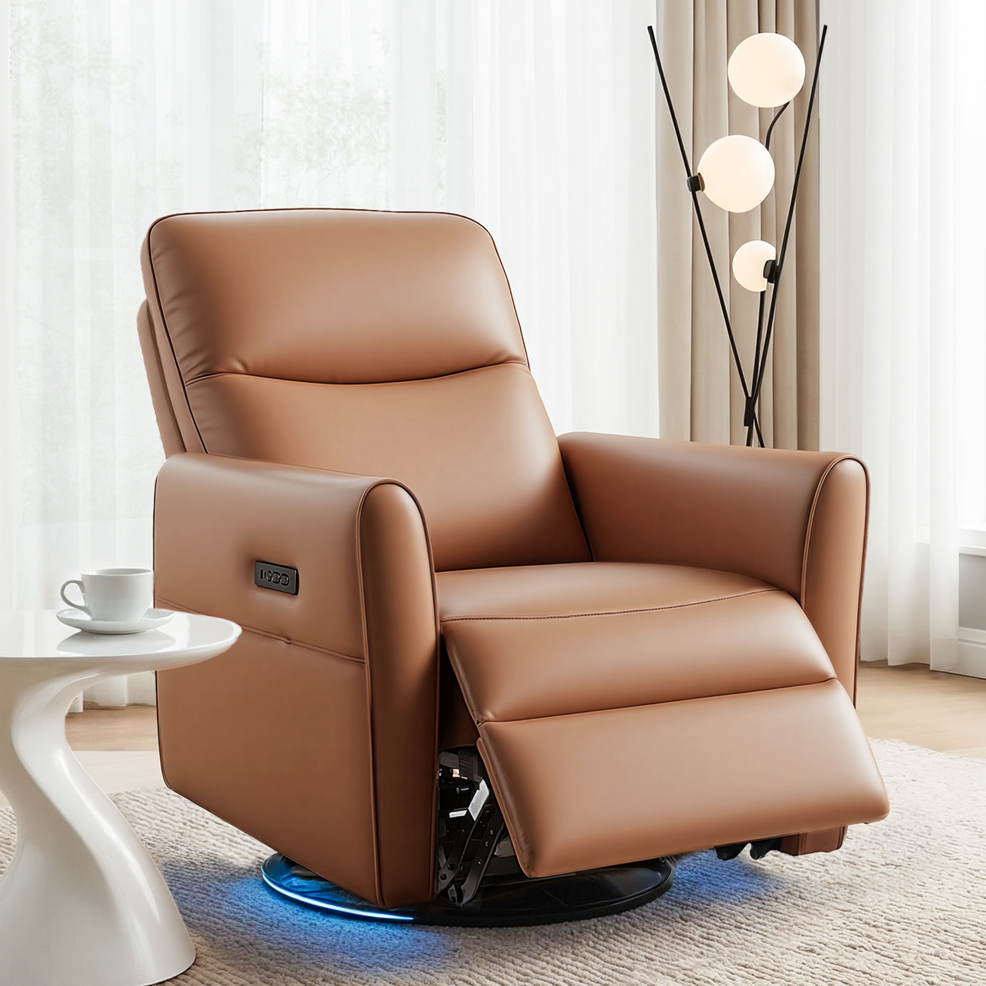 Artiss Swivel Recliner Chair Leather Rocking Reclining Sofaâ€‹ with Charging Ports LED Brown