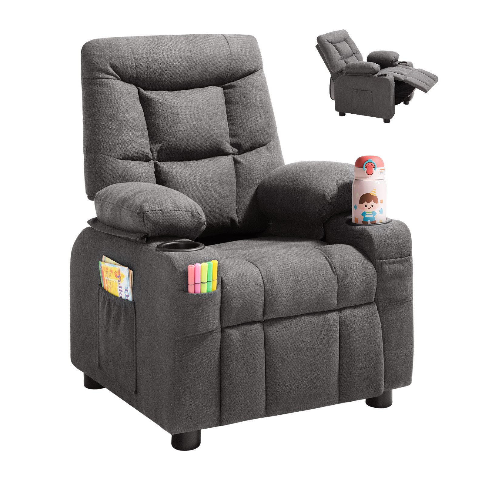 Kids Reclining Chair, Toddler Recliner with Cup Holders and Pockets, 107° to 126° Adjustable Backrest, Breathable Polyester Fabric Recliner Couch with Footrest, for Boys & Girls, Children(Grey)