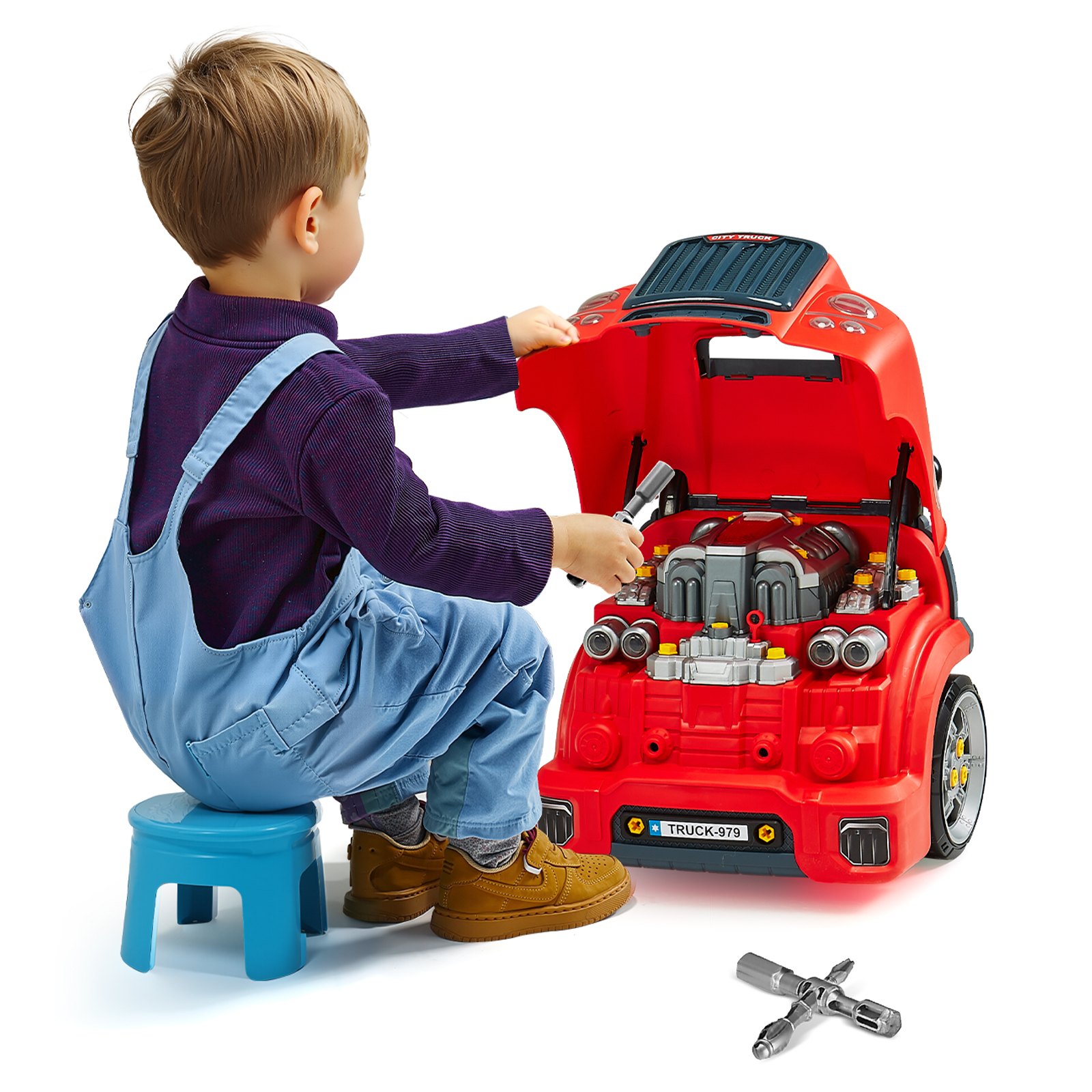 Engine Toy, 60 Pieces, Kids Mechanic Car Repair Set with Removable Parts, Lights and Sounds, Steering Wheel and Horn, Kids Mechanic Workshop Set for Toddler Ages 3 Years and Up, Red