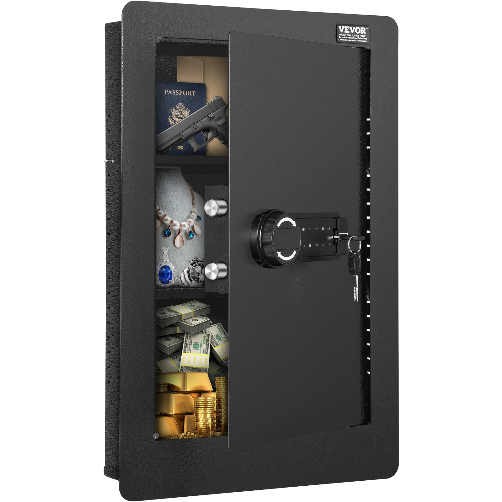 25.59" Tall Wall Safe, 3-Tier Hidden Wall Safe with Keypad, 3 Removable Shelves & 6 Key Holders, Q235 Cold-Rolled Steel In Wall Safe with LED Light & Vibration Alarm for Money, Jewelry, Passport
