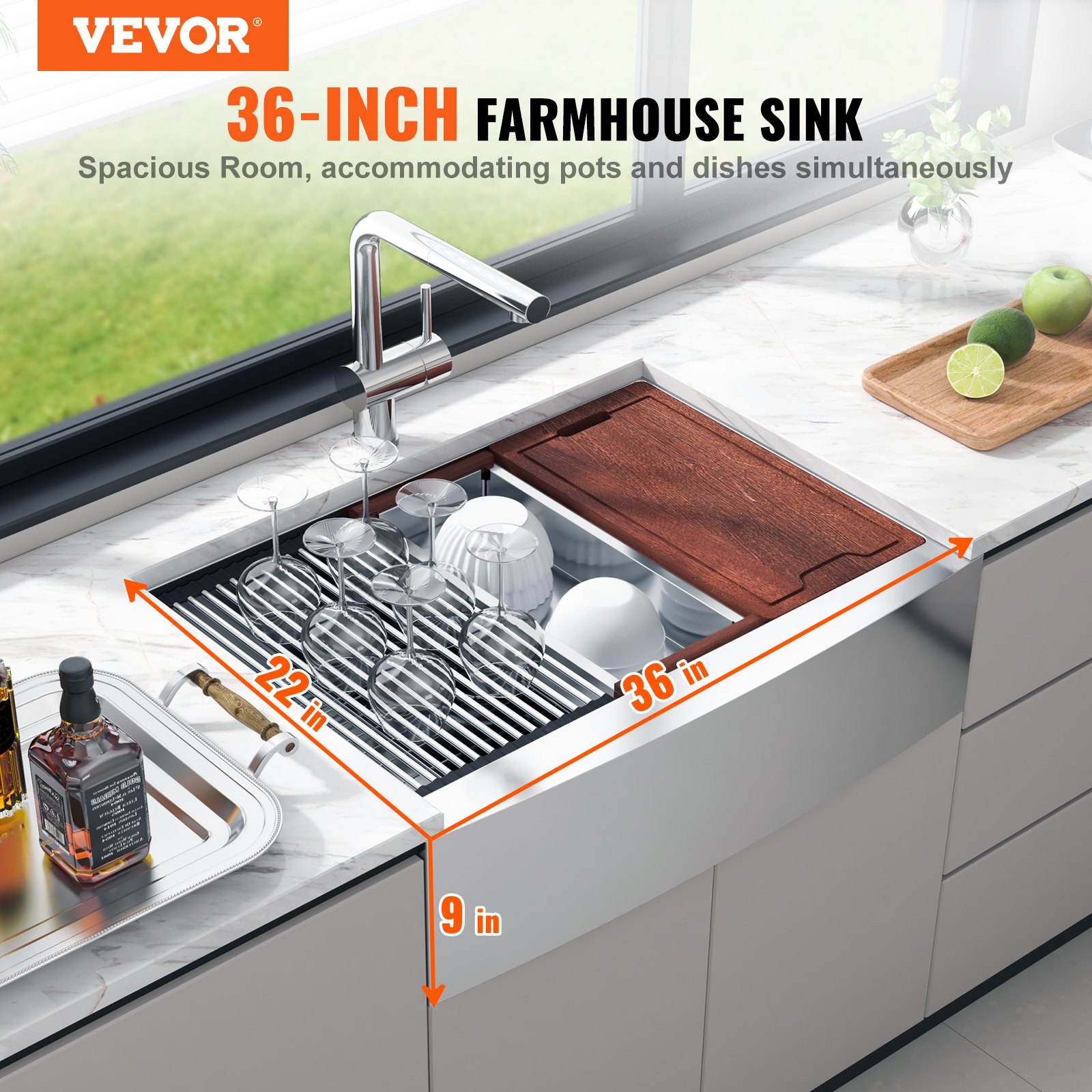 Farmhouse Kitchen Sink, 304 Stainless Steel Drop-In Sinks, Top Mount Single Bowl Basin with Ledge & Accessories, Household Dishwasher Sinks for Workstation, Prep Kitchen, and Bar Sink, 36 inch