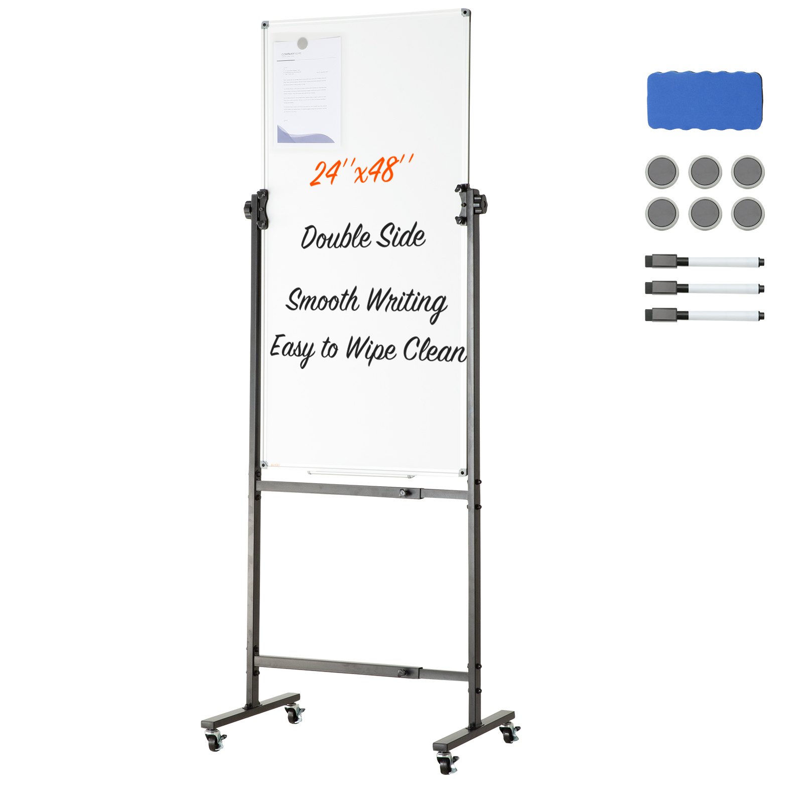 Rolling Magnetic Whiteboard Double-sided Mobile Whiteboard 24 x 48 inch