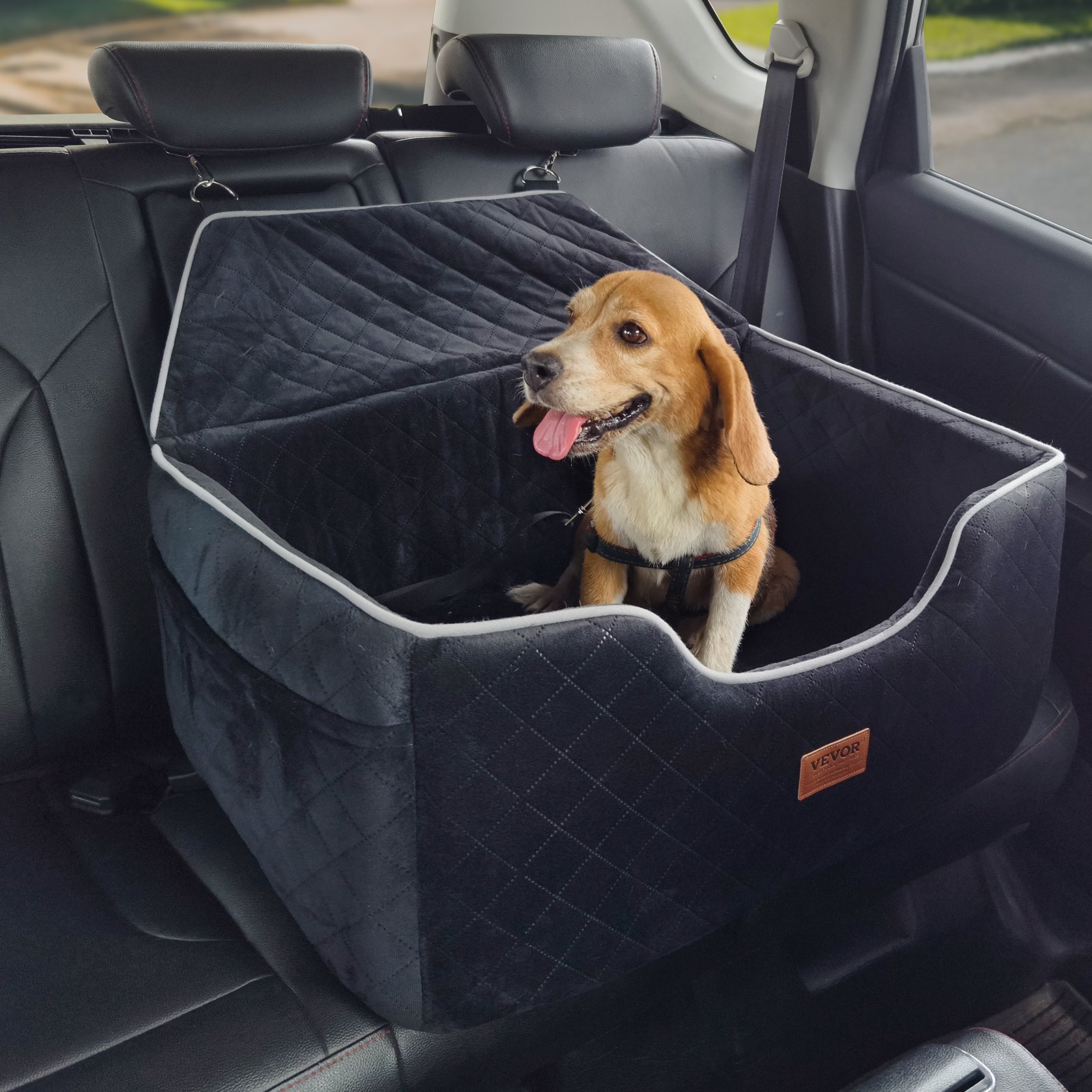 Dog Car Seat, Dog Booster Seat for Car with A Storage Pocket, Pet Car Seat with Clip-On Safety Leash, Sponge Filling, Dog Car Bed for Medium & Large Dog up to 24.9 kg, Black