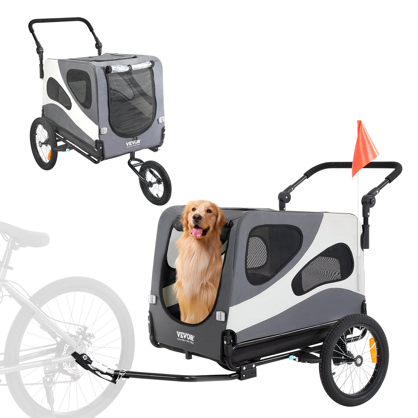 Dog Bike Trailer, Supports up to 45 kg, 2-in-1 Pet Stroller Cart Bicycle Carrier, Easy Folding Cart Frame with Quick Release Wheels, Universal Bicycle Coupler, Reflectors, Flag, Black/Gray