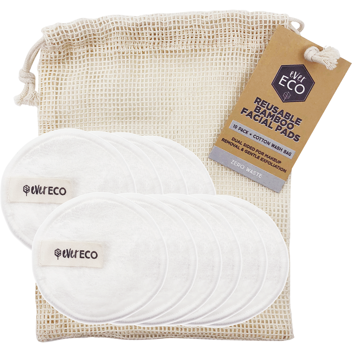 Reusable Bamboo Facial Pads White with Cotton Wash Bag 10pk
