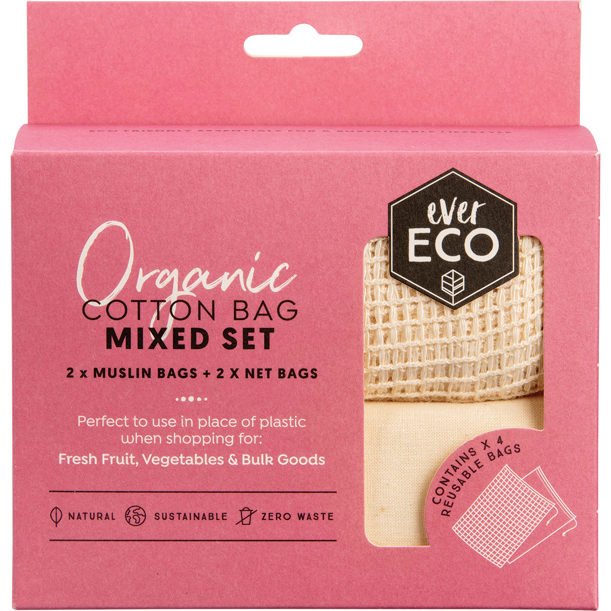 Reusable Produce Bags Organic Cotton Mixed Set 4pk