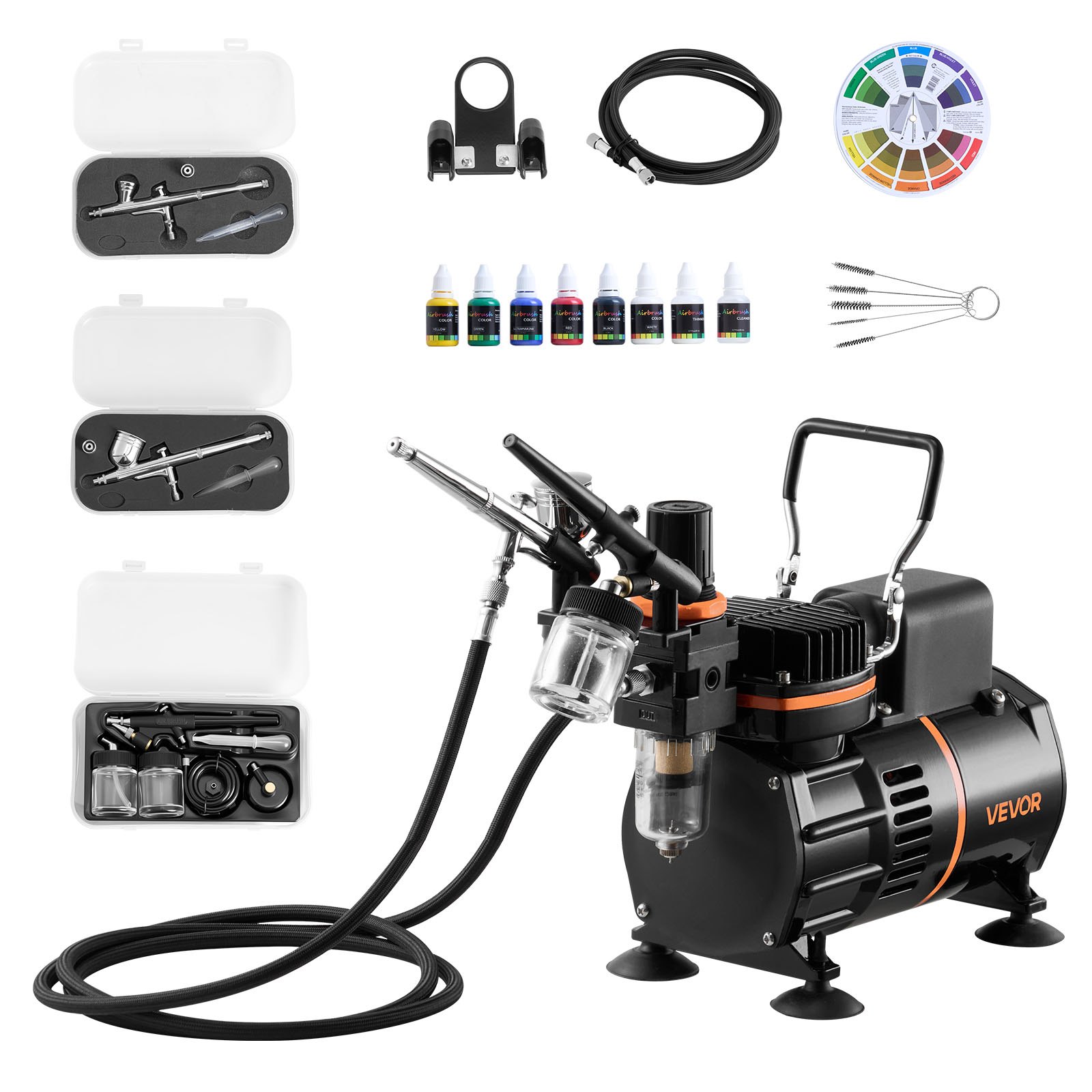 Airbrush Kit, 1/6 HP, Air Brush Kit with Air Compressor, 3 Dual-Action Professional Airbrushes with 3 Tips, Hose, Acrylic Paint, 2 Fans, Low Noise, for Cake Decorating, Model Painting, Nail Art