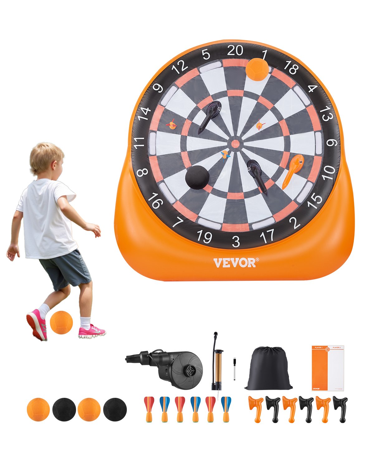 Inflatable Soccer Dart Board, over 2 m High Giant Soccer Dart Board with 4 Kick Balls 6 Darts 6 Axe & Air Pump, 3-Min Setup, Ideal for Giant Yard Games, Giant Kick Darts Game, Soccer Dart Game