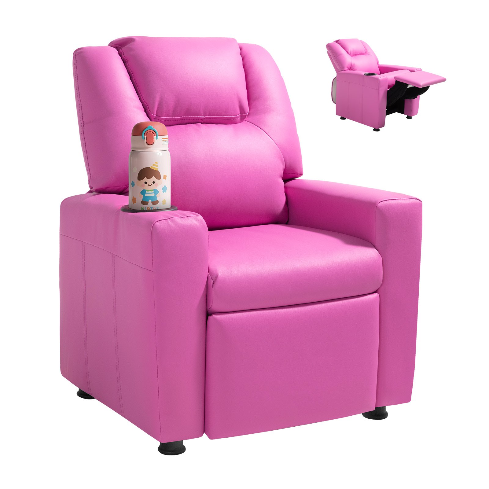 Kids Reclining Chair, Toddler Recliner with Cup Holder, 101° to 121° Adjustable Backrest, Easy-to-Clean PU Leather Recliner Couch with Footrest, 41 kg Load, for Boys & Girls, Children (Pink)
