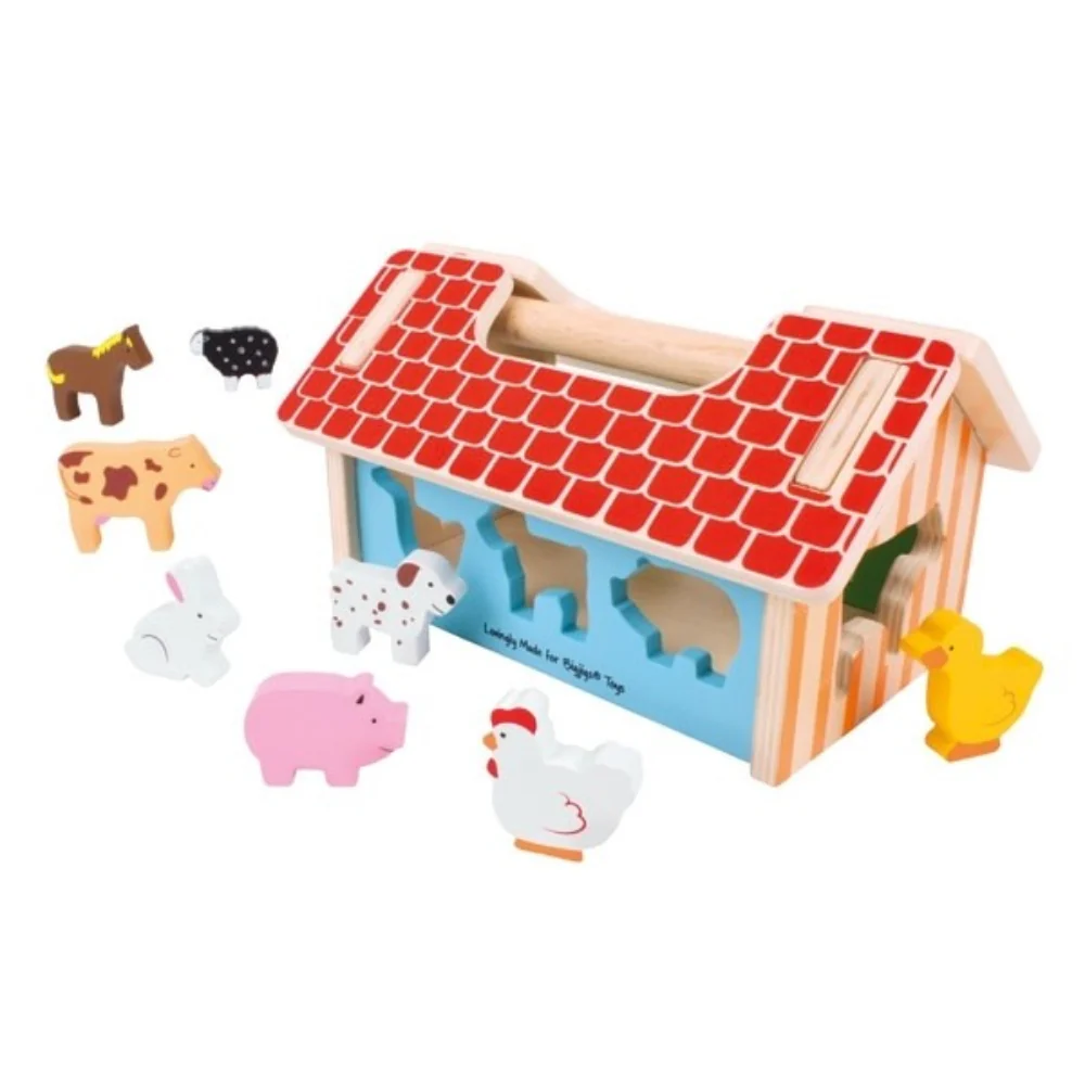 Bigjigs Toys Educational Wooden Farmhouse Shape Sorter Toy for Toddlers
